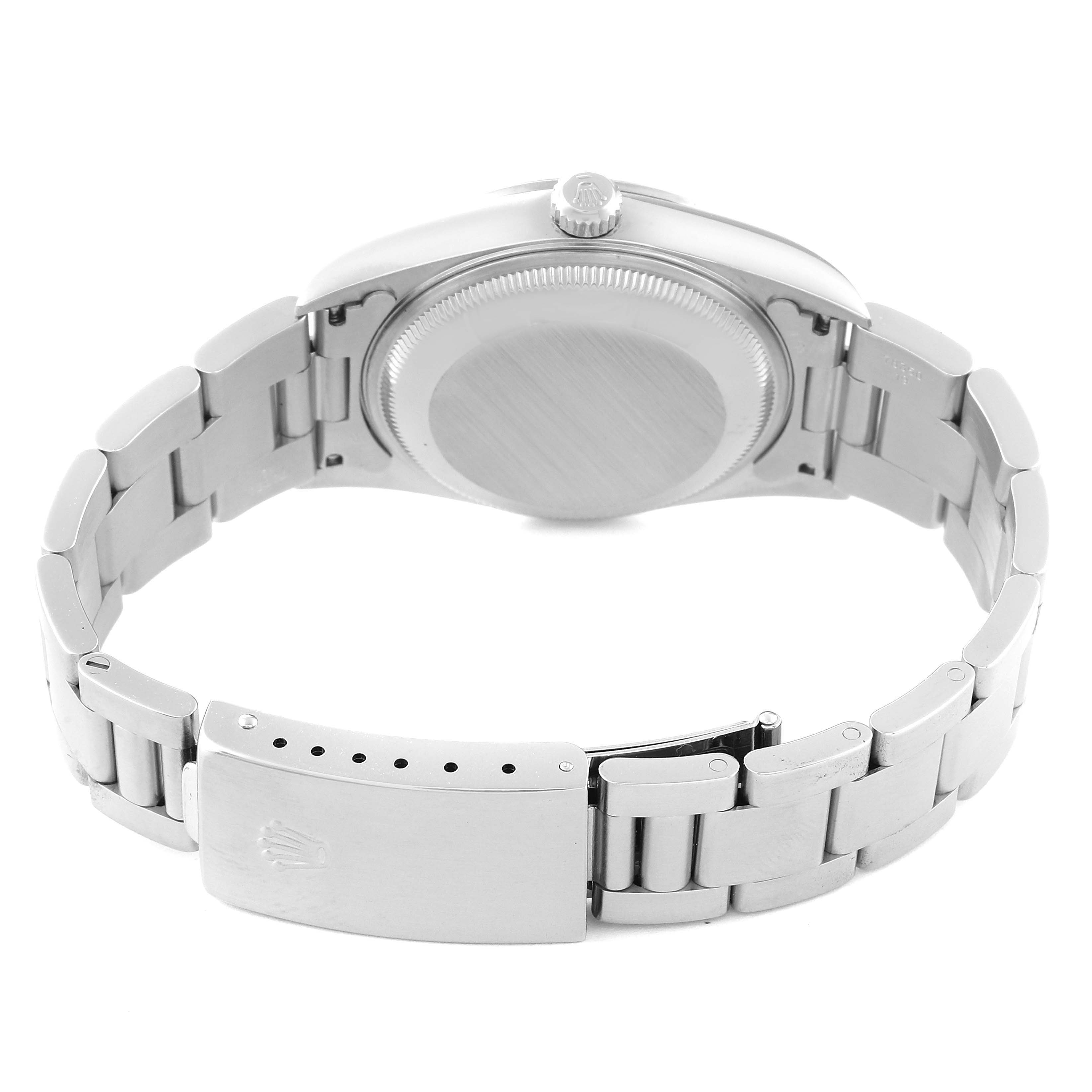 This image shows the back view of a Rolex Date 15200 Men's Stainless Steel Blue Dial 15200 Men's Stainless Steel Blue Dial model, displaying the case back and the bracelet with the clasp closed.