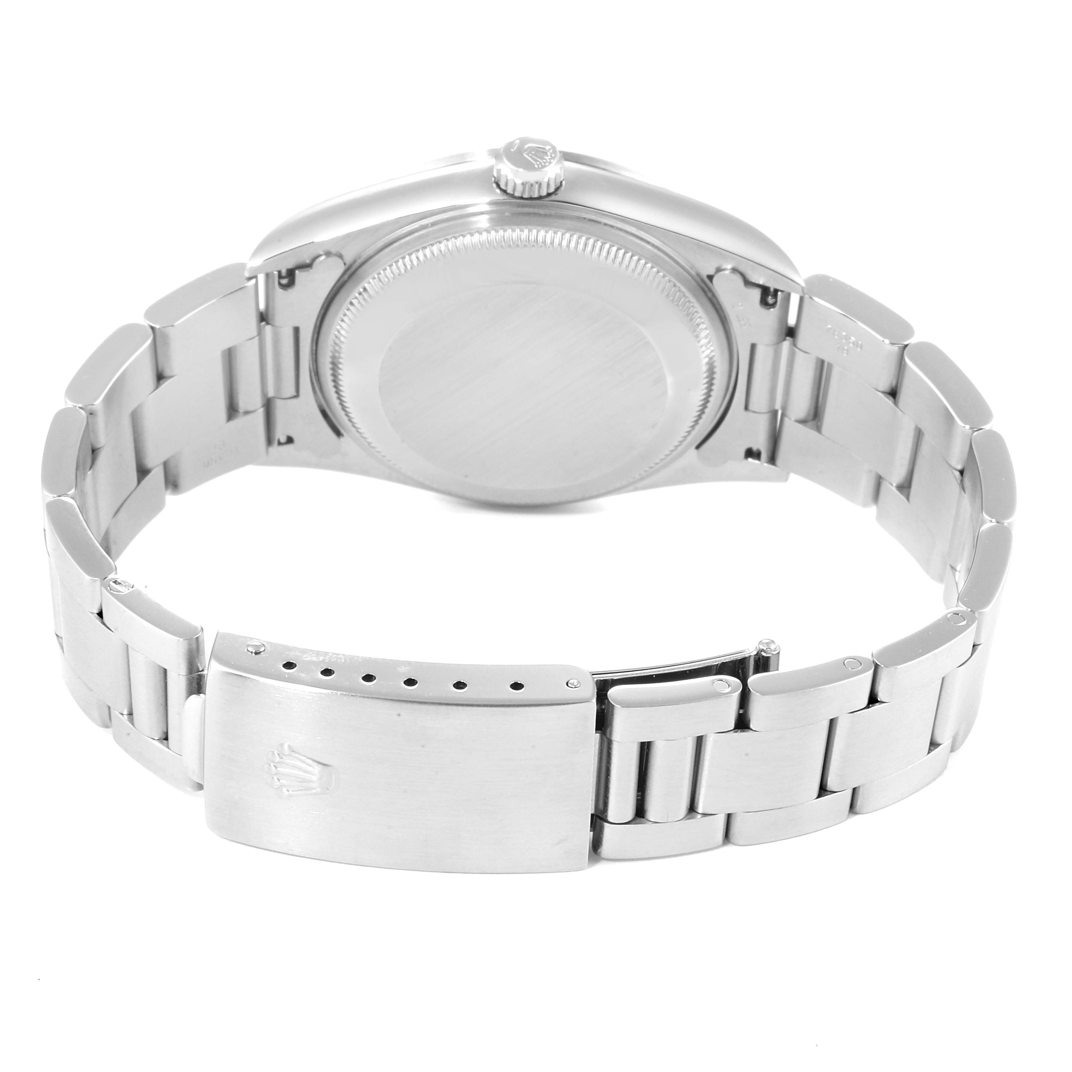 This image shows the back case and clasp of a Rolex Date 15200 Men's Stainless Steel Silver Dial 15200 Men's Stainless Steel Silver Dial model watch from a rear view angle.