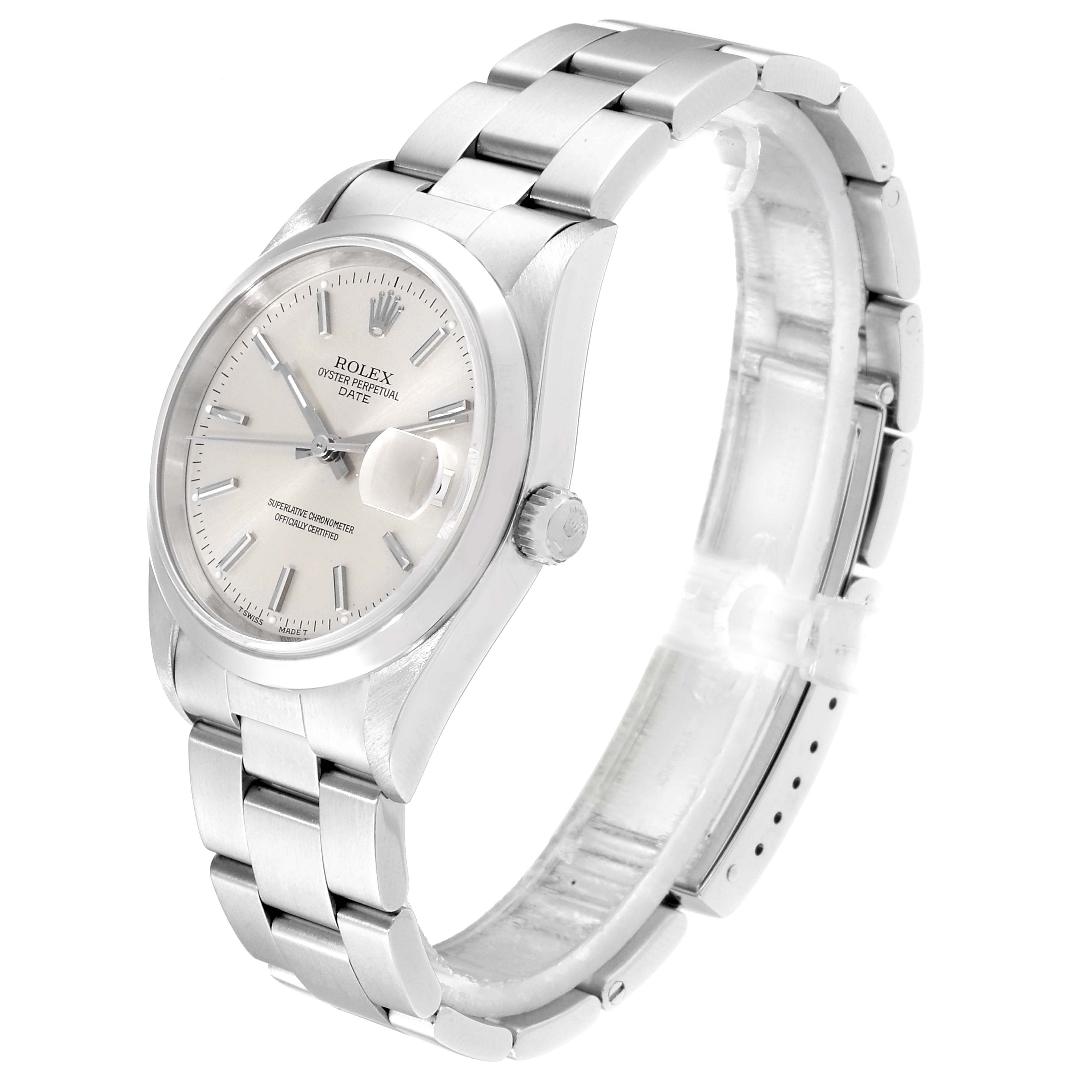 The image shows a Rolex Date 15200 Men's Stainless Steel Silver Dial 15200 Men's Stainless Steel Silver Dial model watch at a 3/4 angle, highlighting the face, bezel, crown, and bracelet.