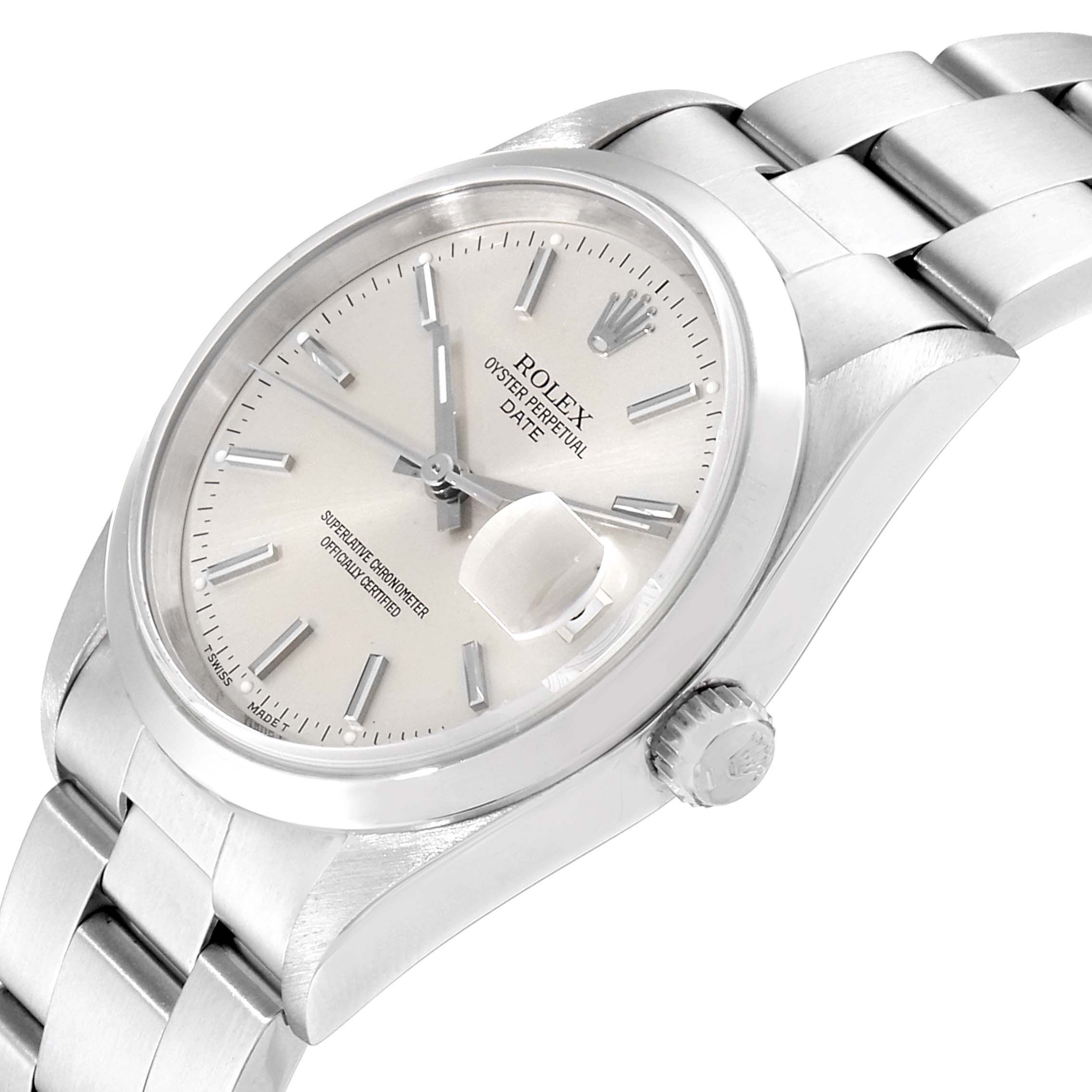 The Rolex Date 15200 Men's Stainless Steel Silver Dial 15200 Men's Stainless Steel Silver Dial is shown from a three-quarter angle, highlighting the dial, bezel, crown, and part of the bracelet.
