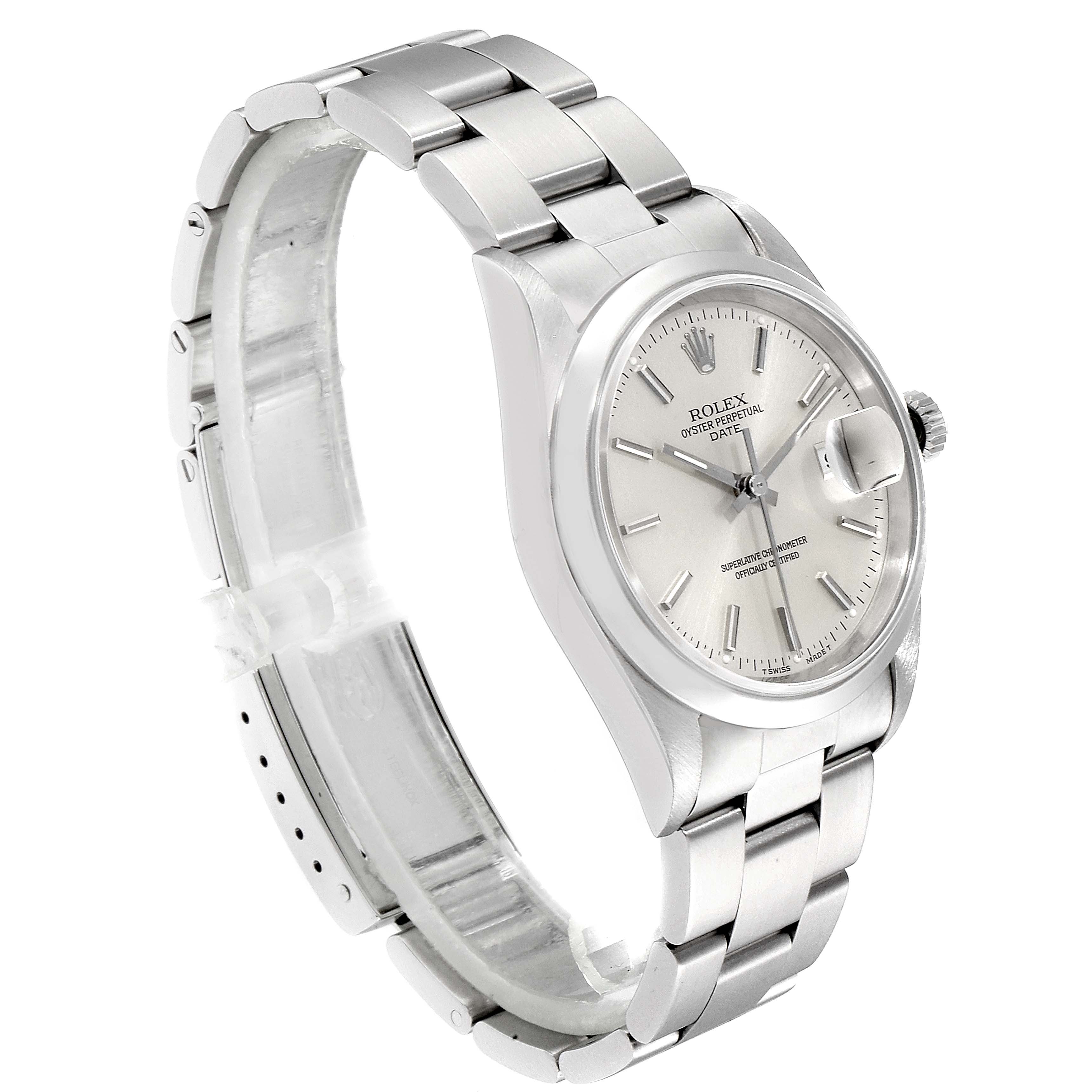 This image shows a side angle of the Rolex Date 15200 Men's Stainless Steel Silver Dial 15200 Men's Stainless Steel Silver Dial model, highlighting the watch face, bezel, crown, and bracelet.