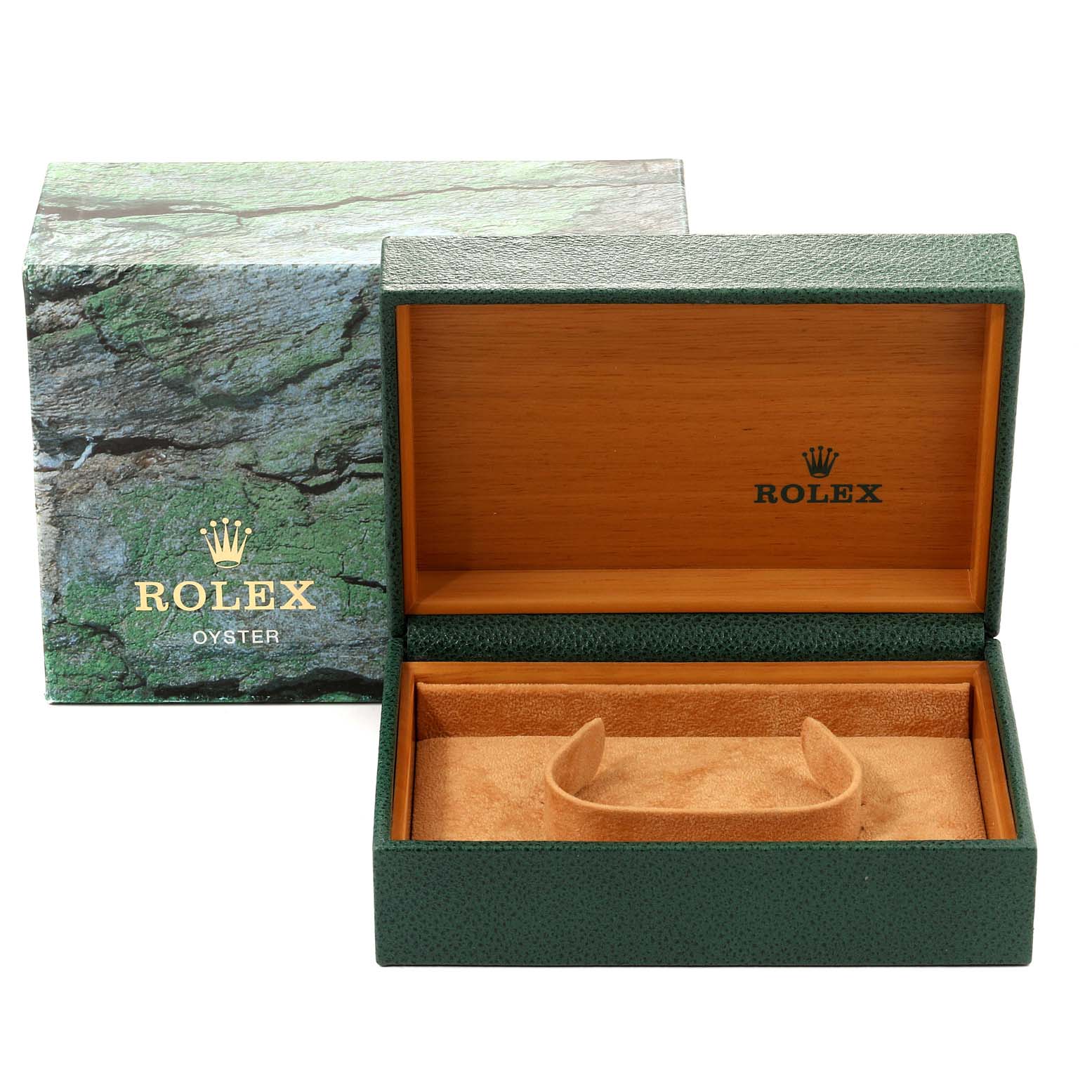 The image shows an open green Rolex Oyster box with a cushioned interior, used for the Date model watch.