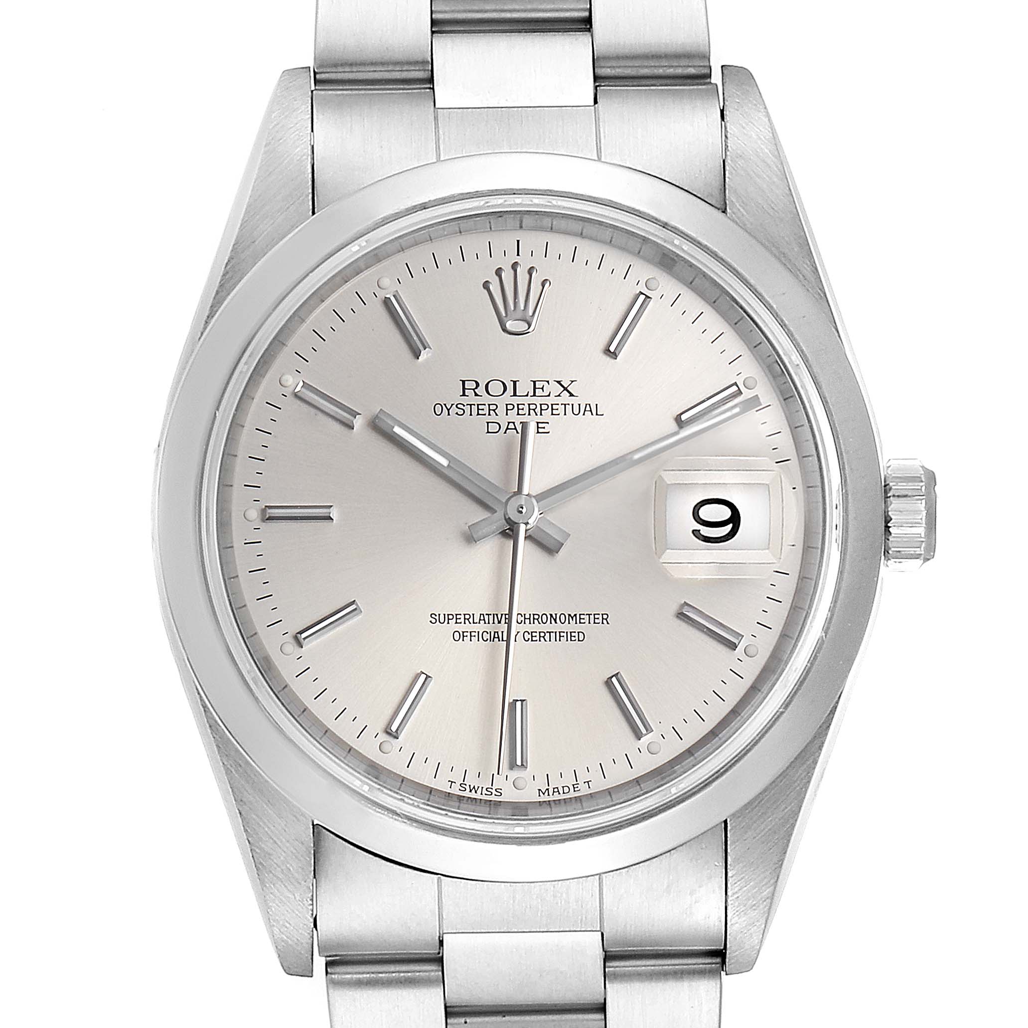 The image shows a Rolex Date 15200 Men's Stainless Steel Silver Dial 15200 Men's Stainless Steel Silver Dial model watch from a front angle, displaying the entire watch face and a part of the band.