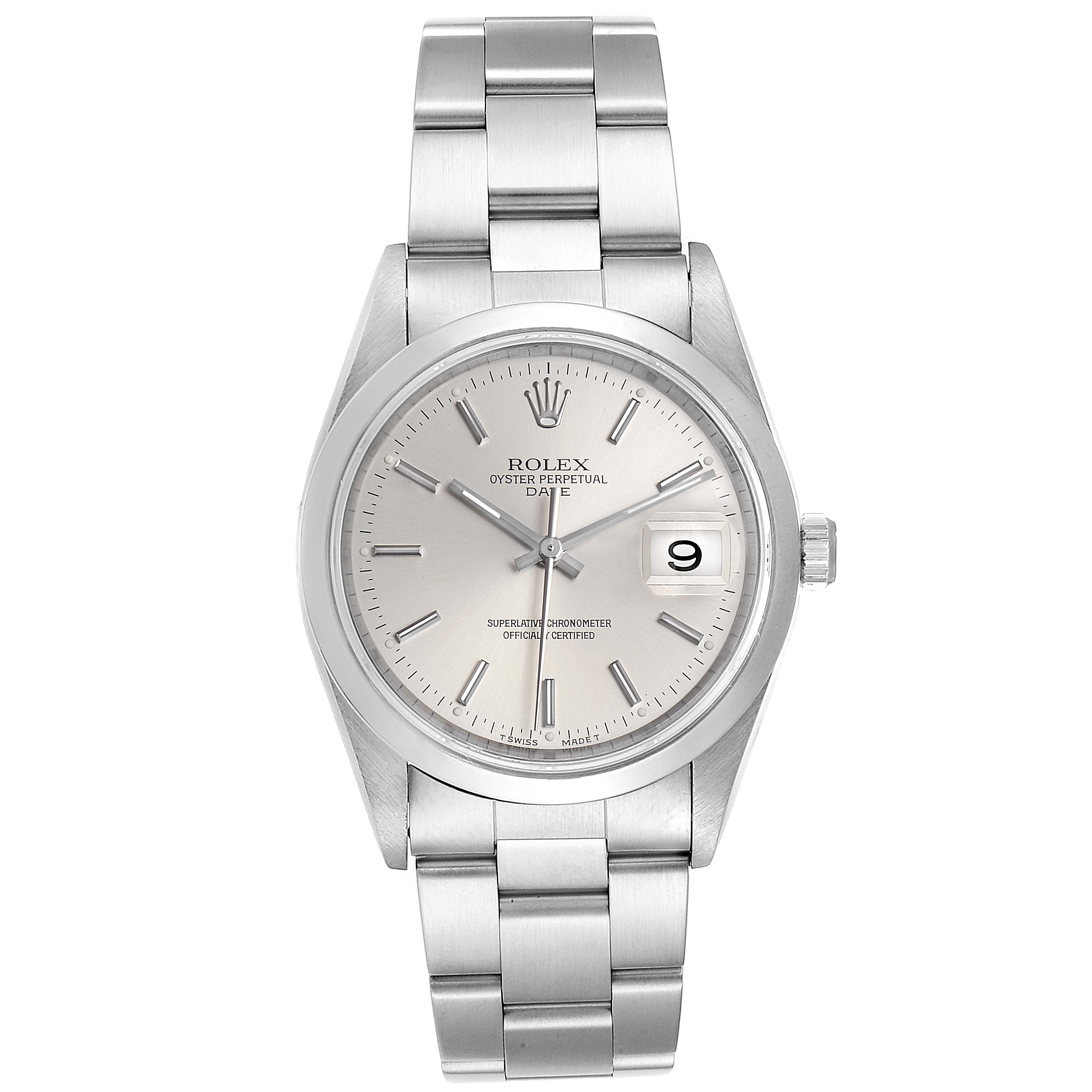 This image shows a front view of the Rolex Date 15200 Men's Stainless Steel Silver Dial 15200 Men's Stainless Steel Silver Dial model, displaying the dial, hands, date window, and stainless steel bracelet.