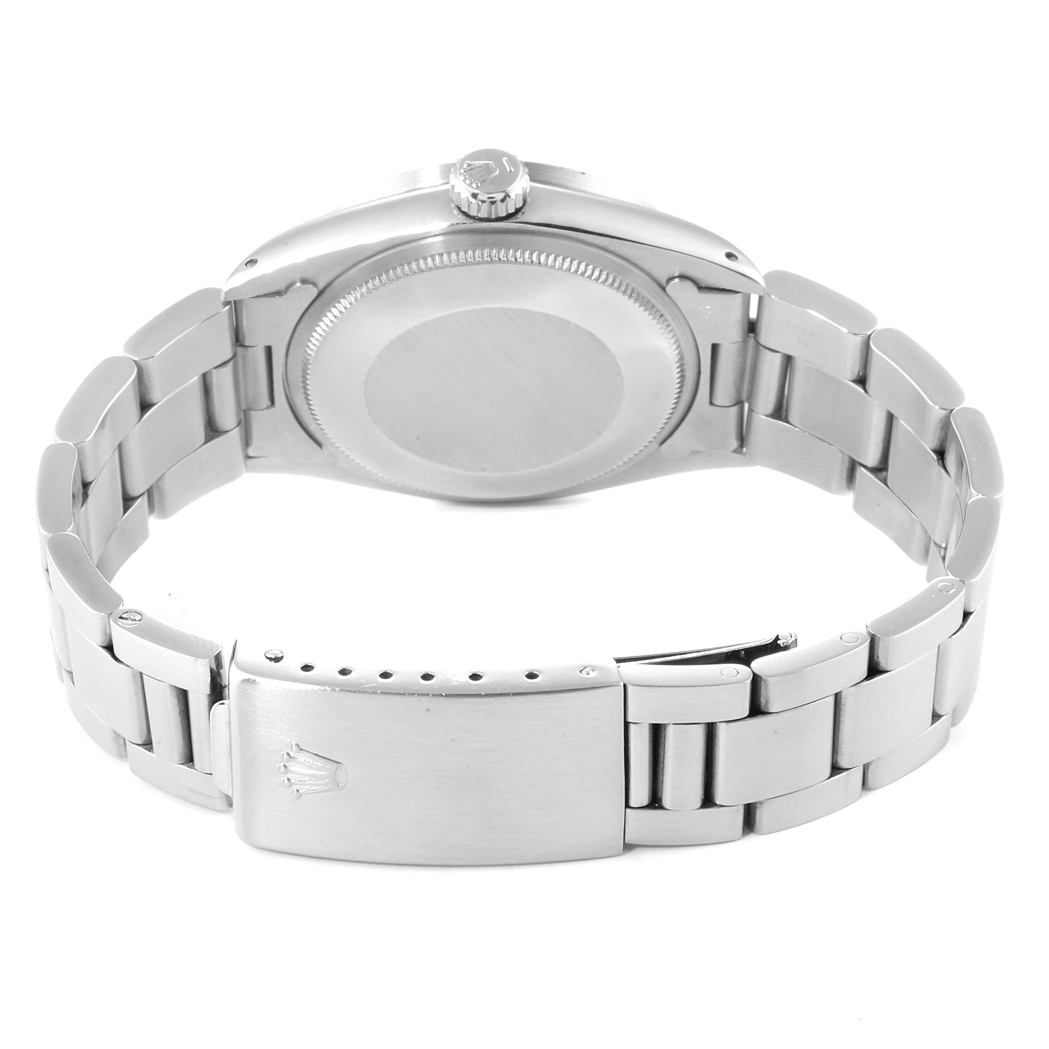 This image shows the back and bracelet of the Rolex Vintage Collection 1501 Men
s Stainless Steel Silver Dial 1501 Men
s Stainless Steel Silver Dial watch, focusing on the clasp and case.