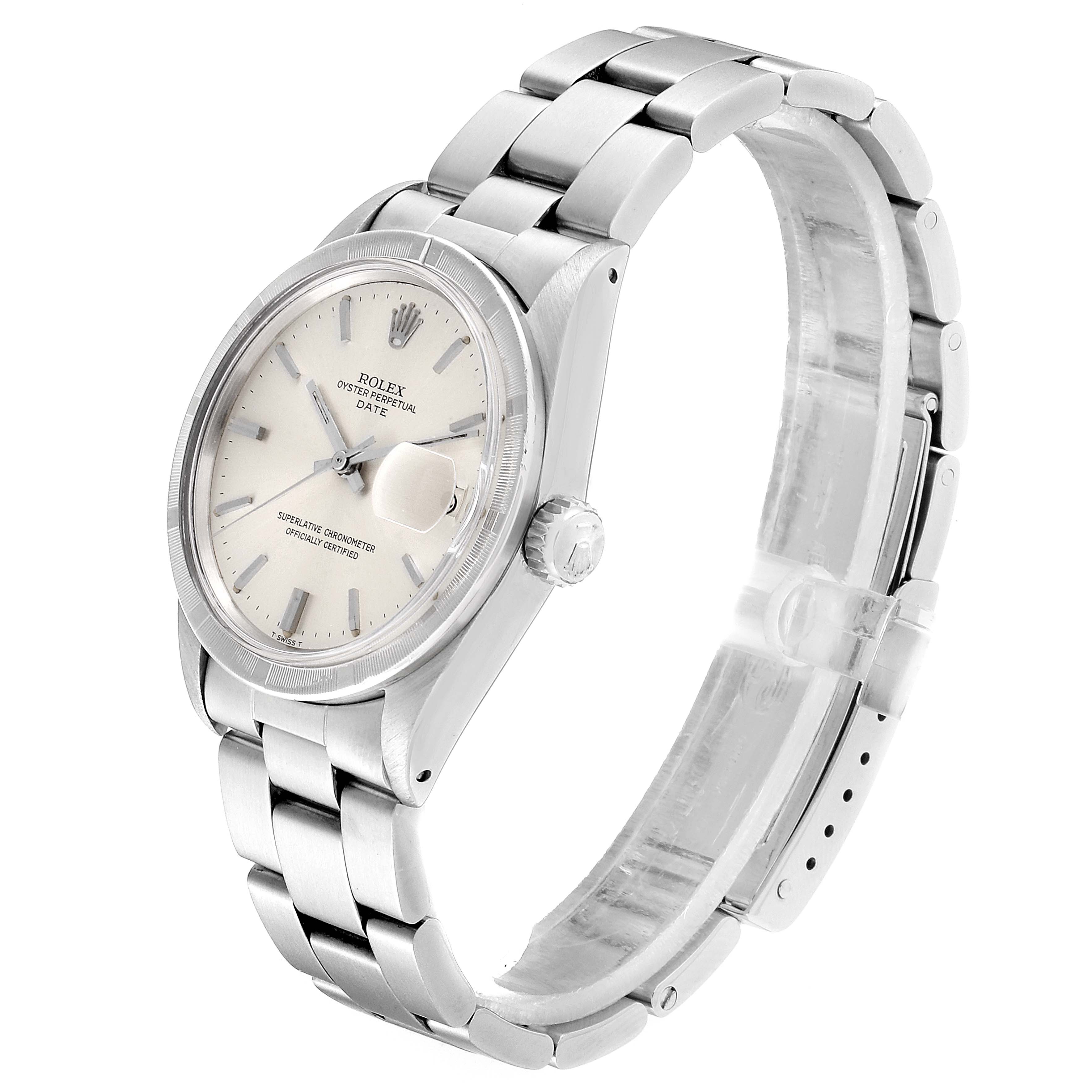 The image shows a Rolex Vintage Collection 1501 Men
s Stainless Steel Silver Dial 1501 Men
s Stainless Steel Silver Dial watch from a front angle, highlighting its face, bezel, crown, and bracelet.