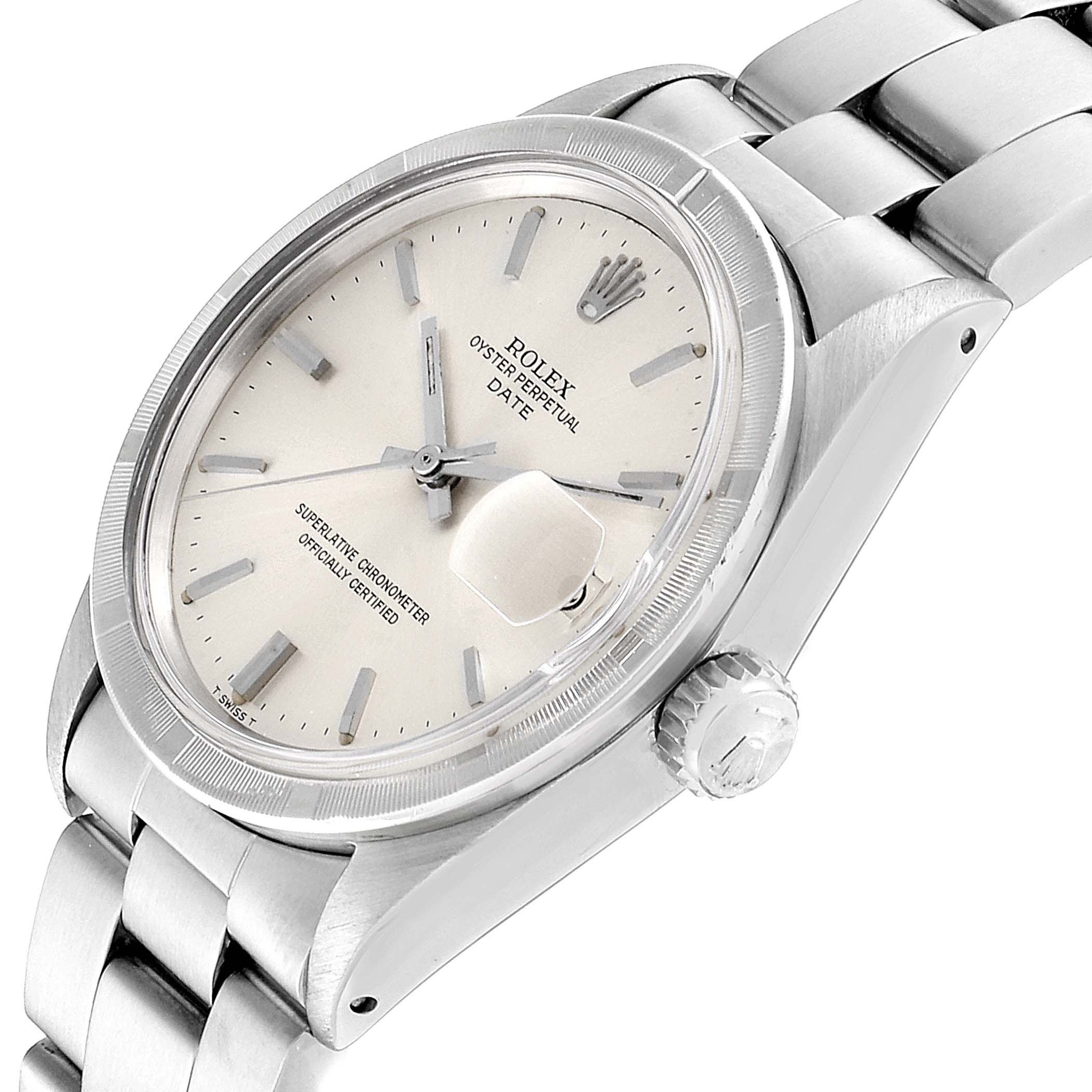 This image shows a side angle of the Rolex Vintage Collection 1501 Men
s Stainless Steel Silver Dial 1501 Men
s Stainless Steel Silver Dial Oyster Perpetual Date watch, highlighting the face, bezel, and bracelet.