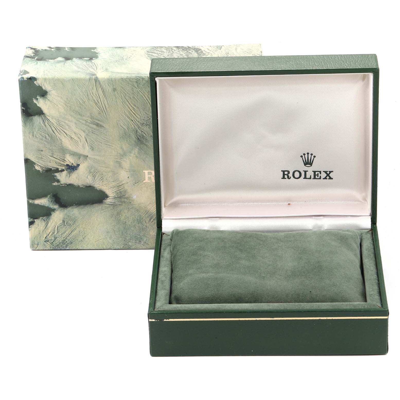 The image shows an open, empty Rolex watch box from the Vintage Collection model, with the box lid displaying the Rolex logo.