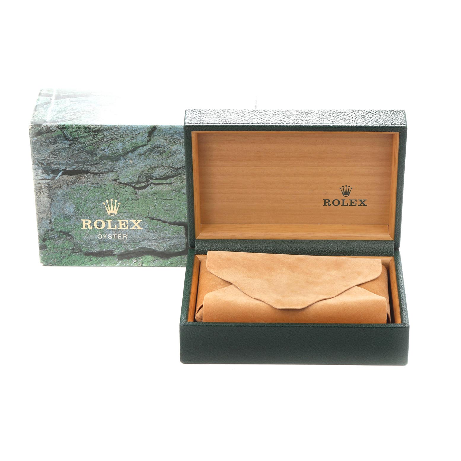 The image shows the open box and packaging for a Rolex Datejust 16233 Men
s Steel and Gold (two tone) White Dial 16233 Men
s Steel and Gold (two tone) White Dial watch.