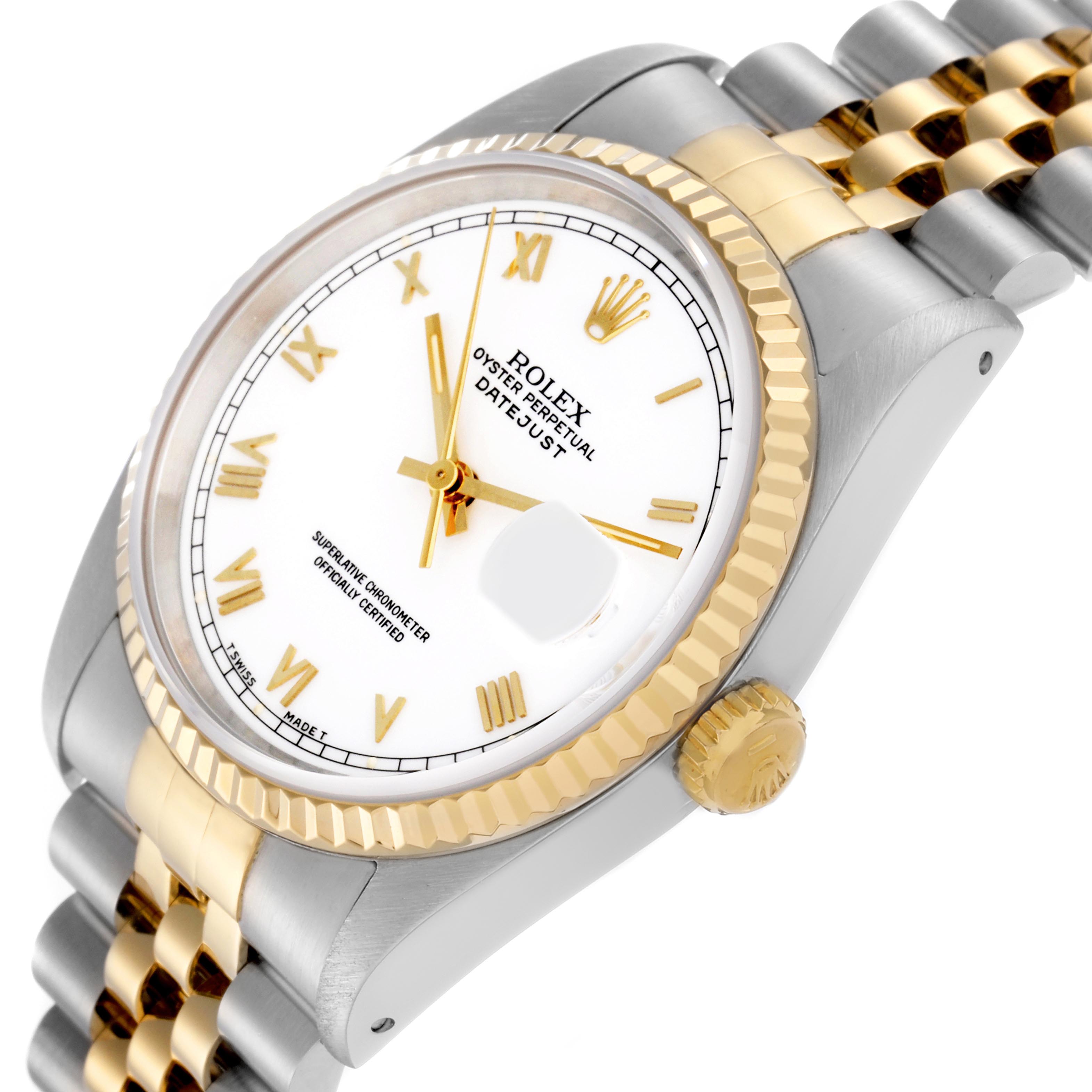 The Rolex Datejust 16233 Men
s Steel and Gold (two tone) White Dial 16233 Men
s Steel and Gold (two tone) White Dial watch is shown at an angled side view, highlighting the gold bezel, crown, white dial, and two-tone bracelet.