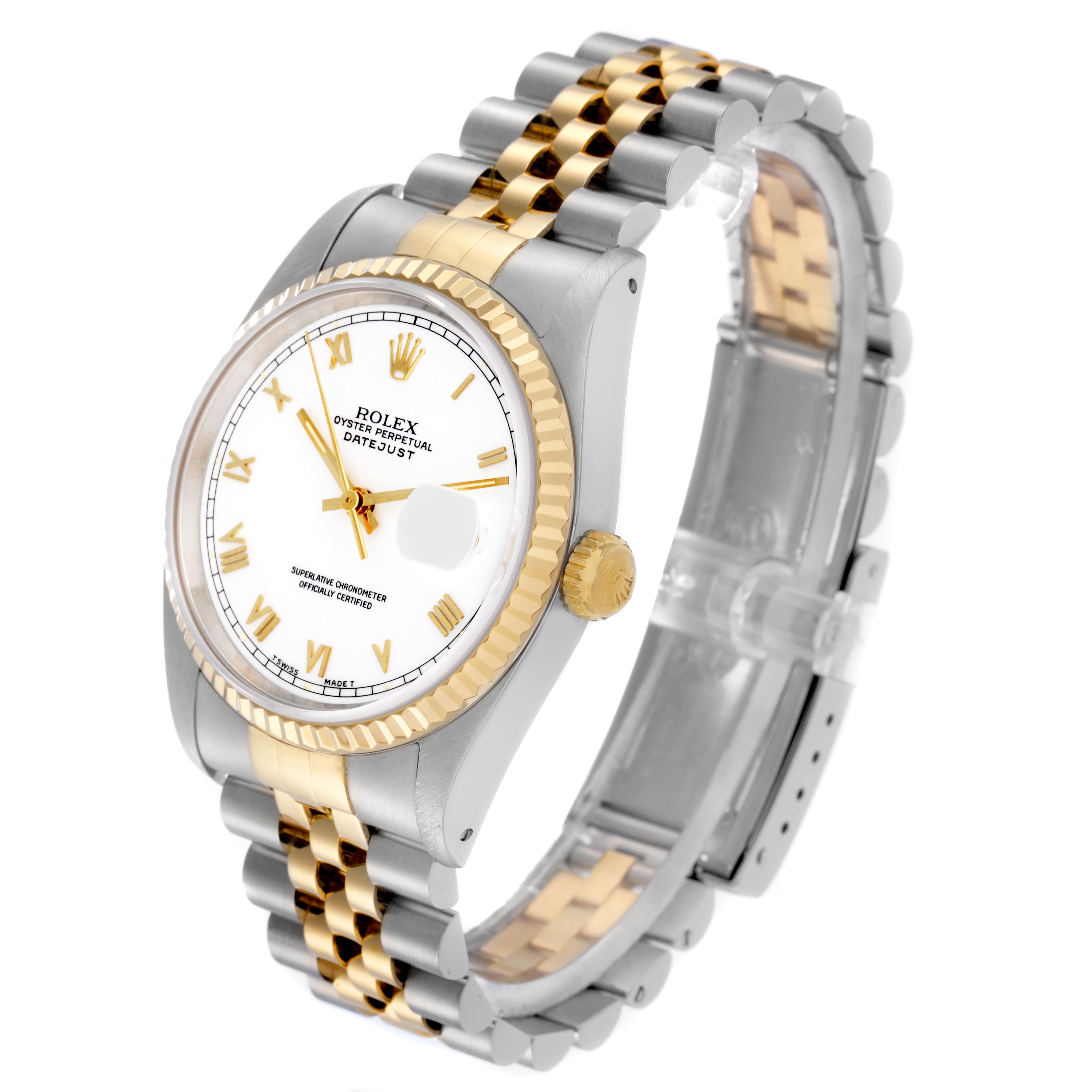 The Rolex Datejust 16233 Men
s Steel and Gold (two tone) White Dial 16233 Men
s Steel and Gold (two tone) White Dial watch is shown at an angled side view, displaying the dial, fluted bezel, crown, and Jubilee bracelet.