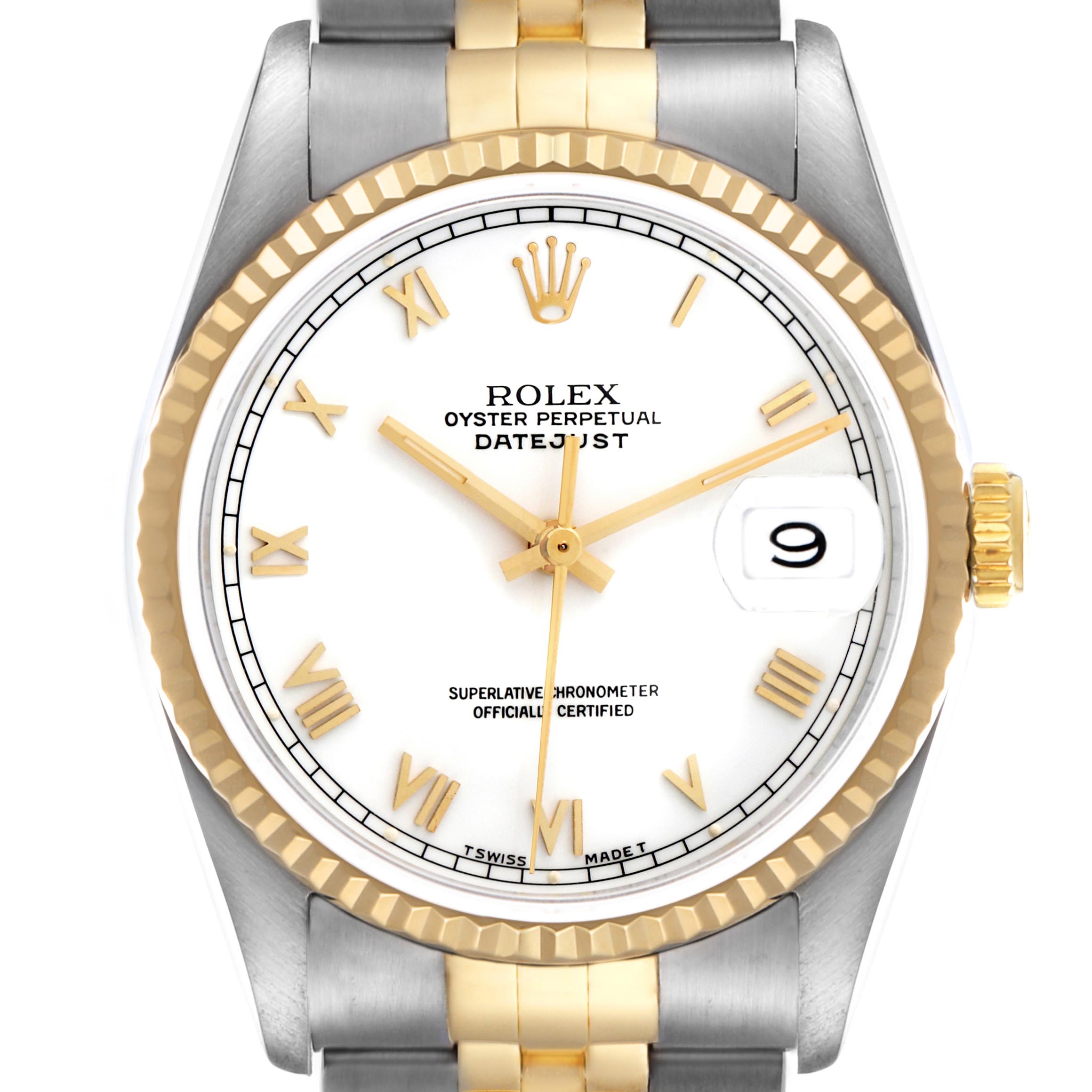 The image shows a frontal view of the Rolex Datejust 16233 Men
s Steel and Gold (two tone) White Dial 16233 Men
s Steel and Gold (two tone) White Dial watch, highlighting the dial, bezel, and part of the bracelet.