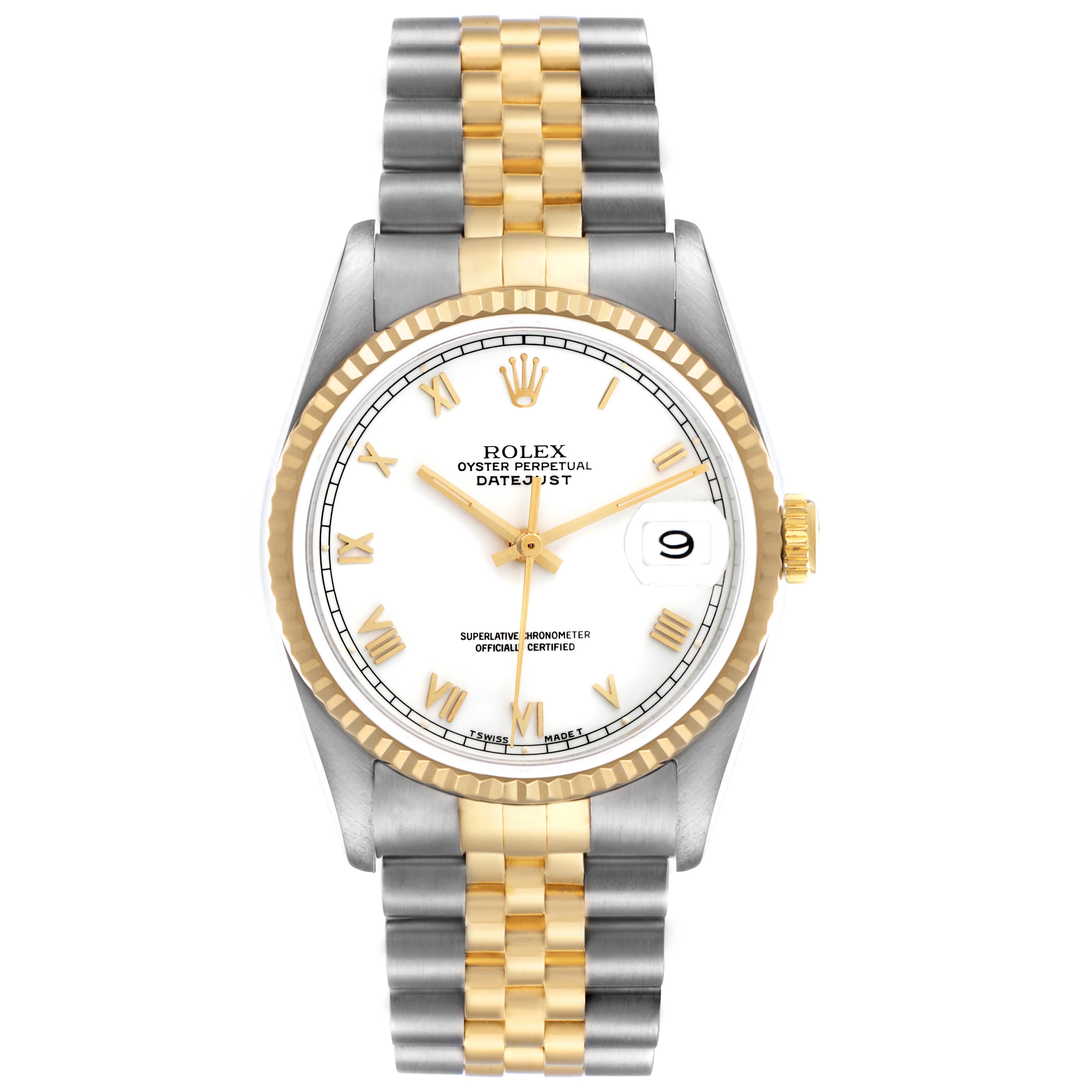 The Rolex Datejust 16233 Men
s Steel and Gold (two tone) White Dial 16233 Men
s Steel and Gold (two tone) White Dial watch is shown from a top-down angle, displaying the face, bezel, and bracelet.