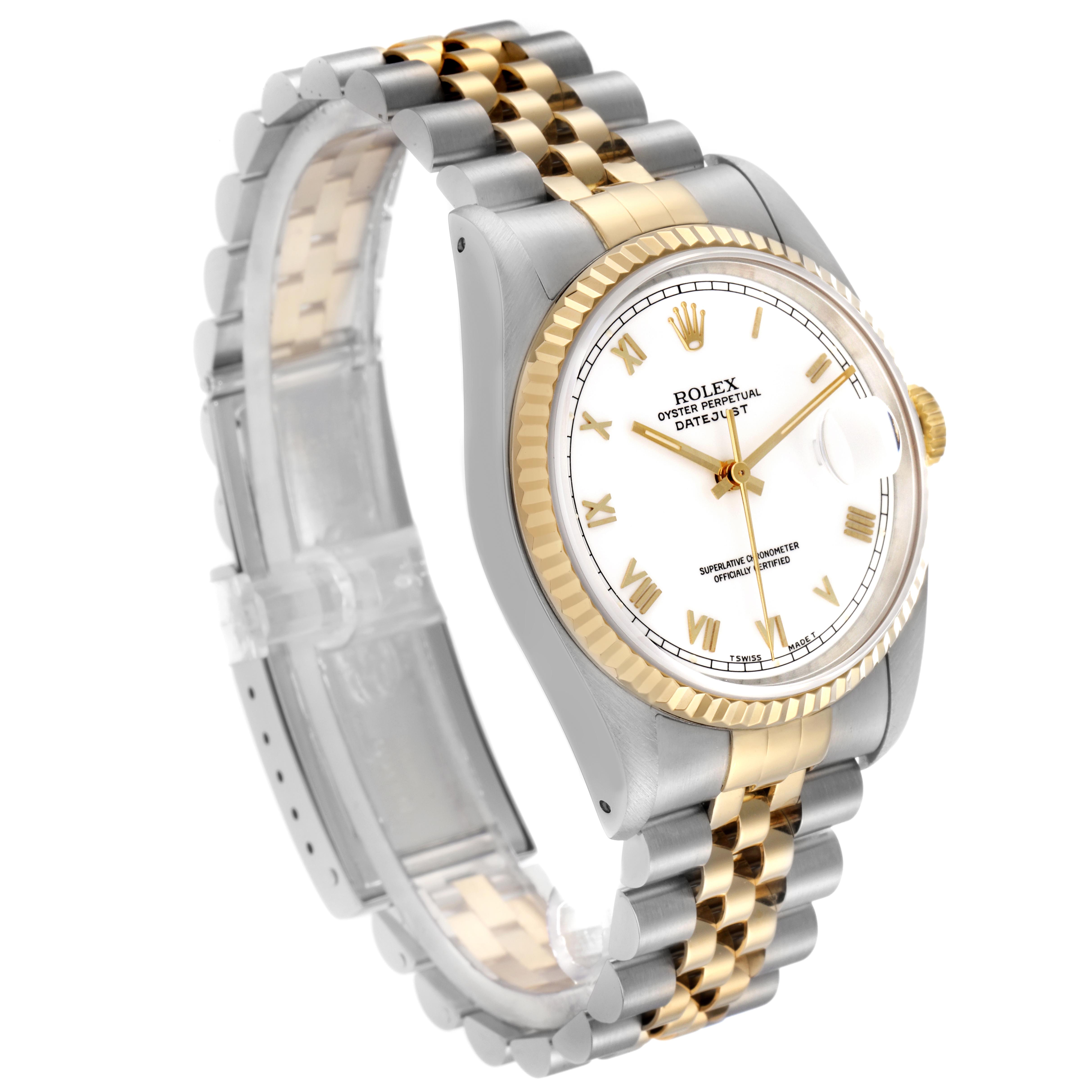 The Rolex Datejust 16233 Men
s Steel and Gold (two tone) White Dial 16233 Men
s Steel and Gold (two tone) White Dial watch is shown at an angled side view, displaying the face, bezel, crown, and bracelet.