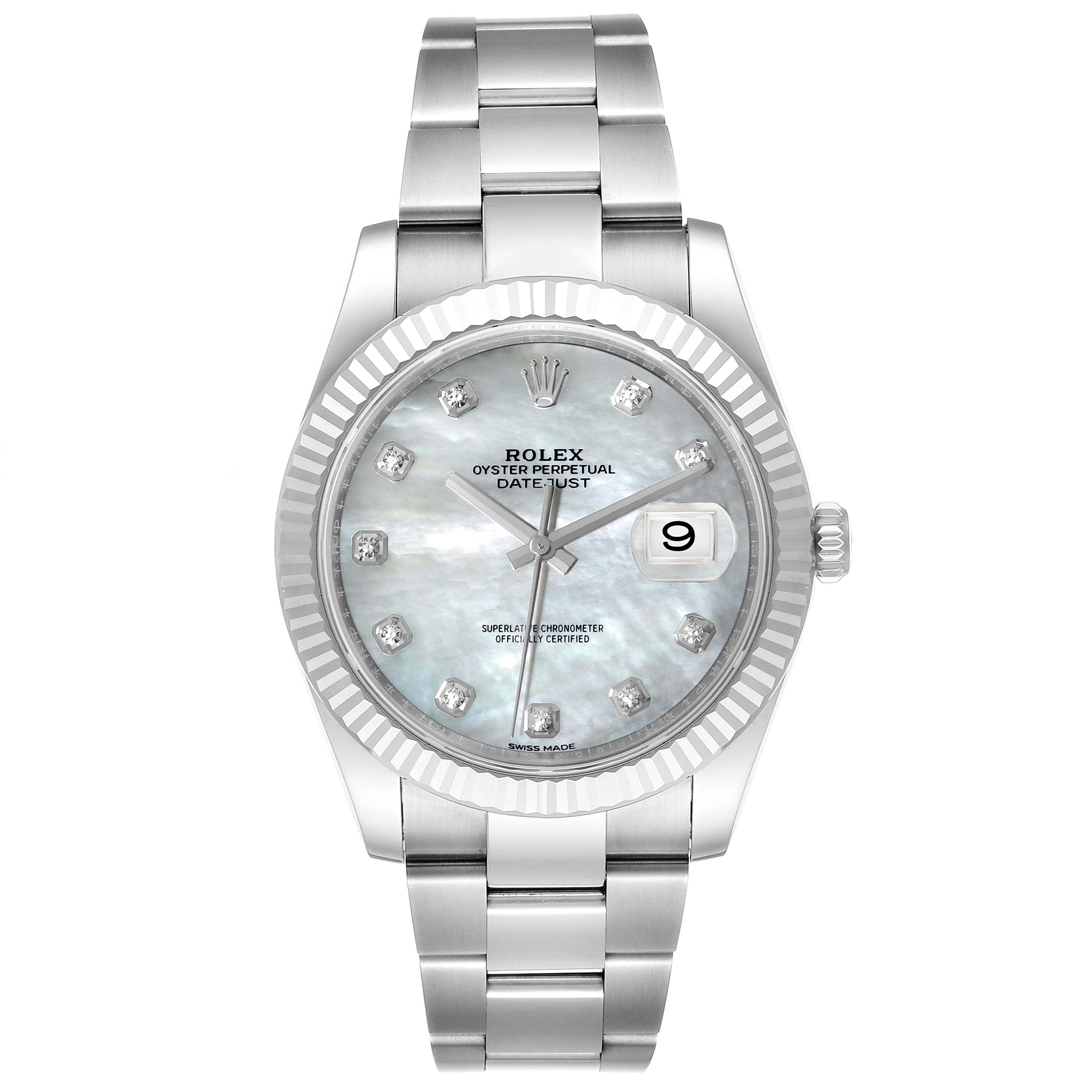 The image shows a frontal view of a Rolex Datejust 41 126334 Men's Stainless Steel Mother of Pearl Dial 126334 Men's Stainless Steel Mother of Pearl Dial watch, highlighting its dial, bracelet, and bezel.