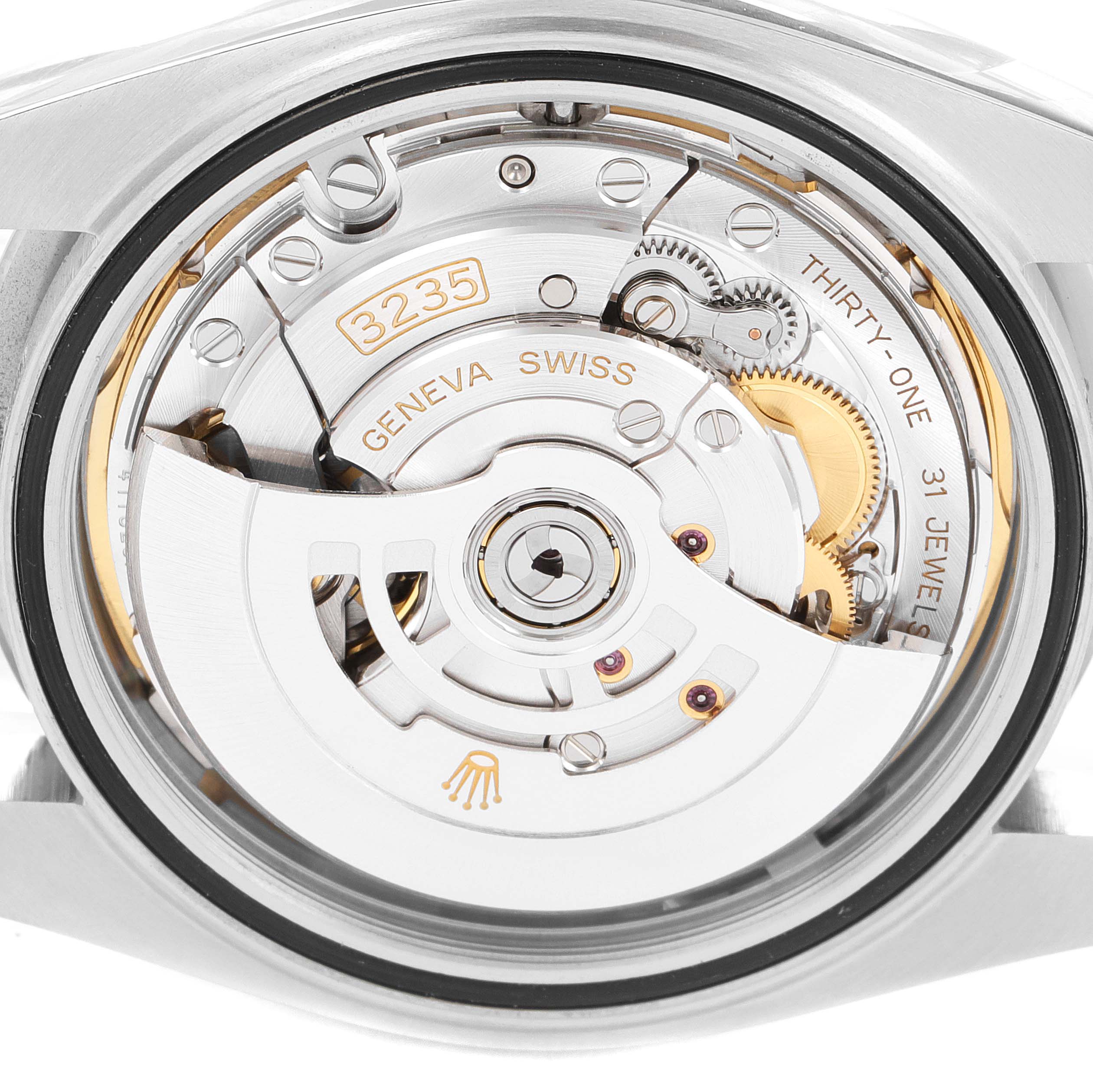 This image shows the movement mechanism of a Rolex Datejust 41 126334 Men's Stainless Steel Mother of Pearl Dial 126334 Men's Stainless Steel Mother of Pearl Dial watch from a close-up, top-down angle.