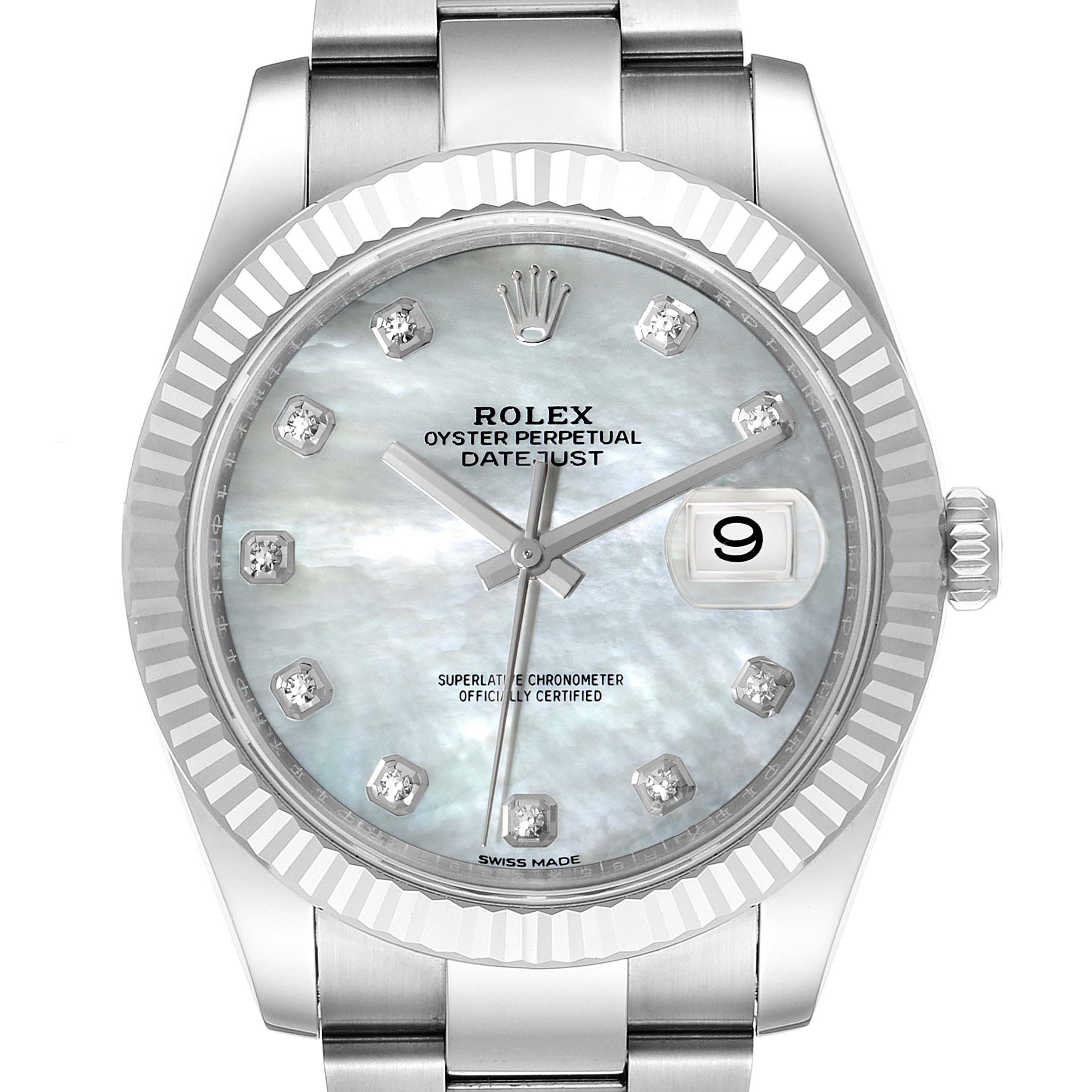 The image shows a front view of the Rolex Datejust 41 126334 Men's Stainless Steel Mother of Pearl Dial 126334 Men's Stainless Steel Mother of Pearl Dial watch, highlighting the dial, bezel, crown, and bracelet.