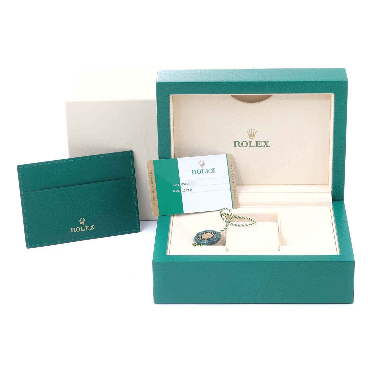 The image shows the packaging, cardholder, warranty card, and hang tag for the Rolex Datejust 41 126334 Men's Stainless Steel Mother of Pearl Dial 126334 Men's Stainless Steel Mother of Pearl Dial.