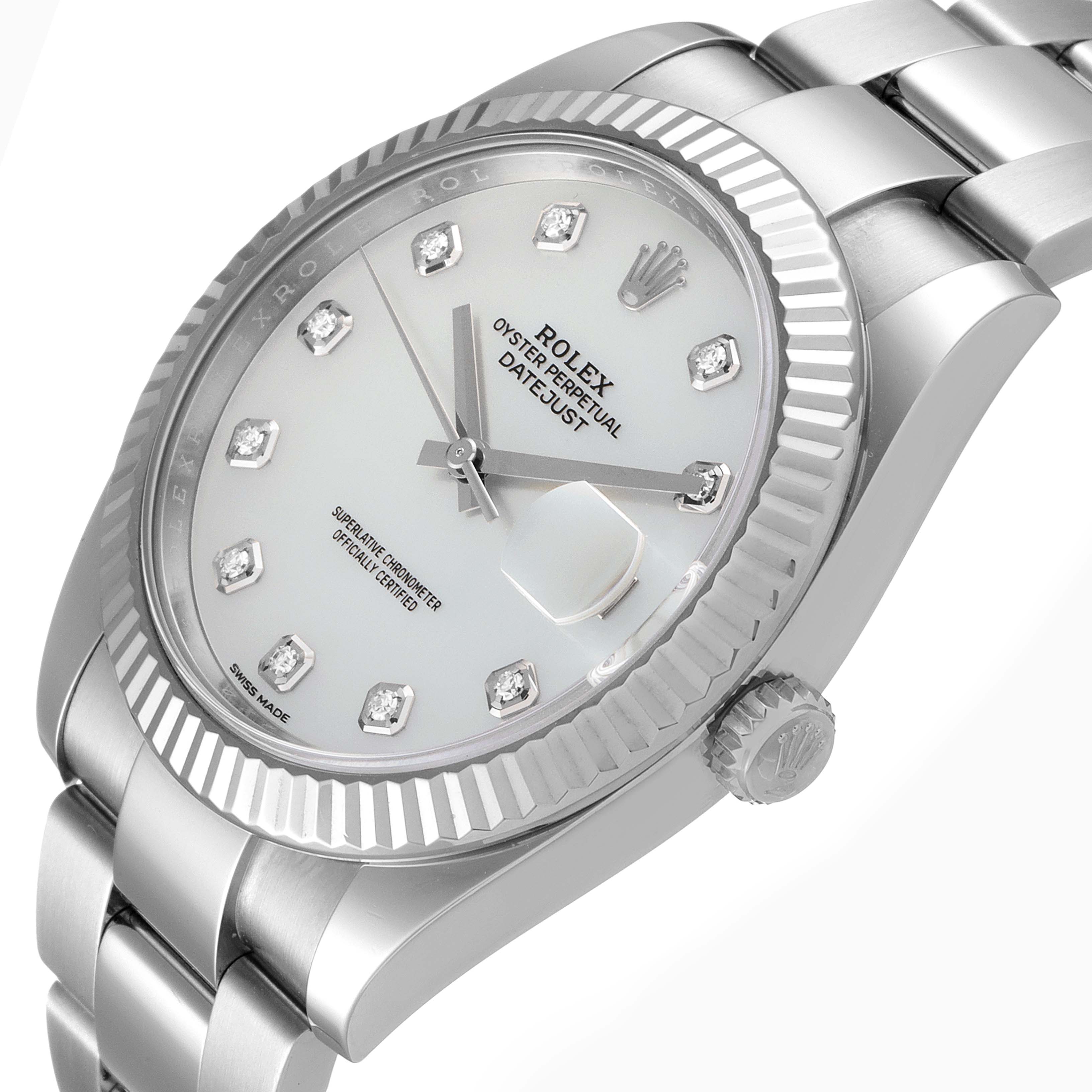 The image shows a close-up angle of the Rolex Datejust 41 126334 Men's Stainless Steel Mother of Pearl Dial 126334 Men's Stainless Steel Mother of Pearl Dial watch, highlighting the dial, bezel, and crown.