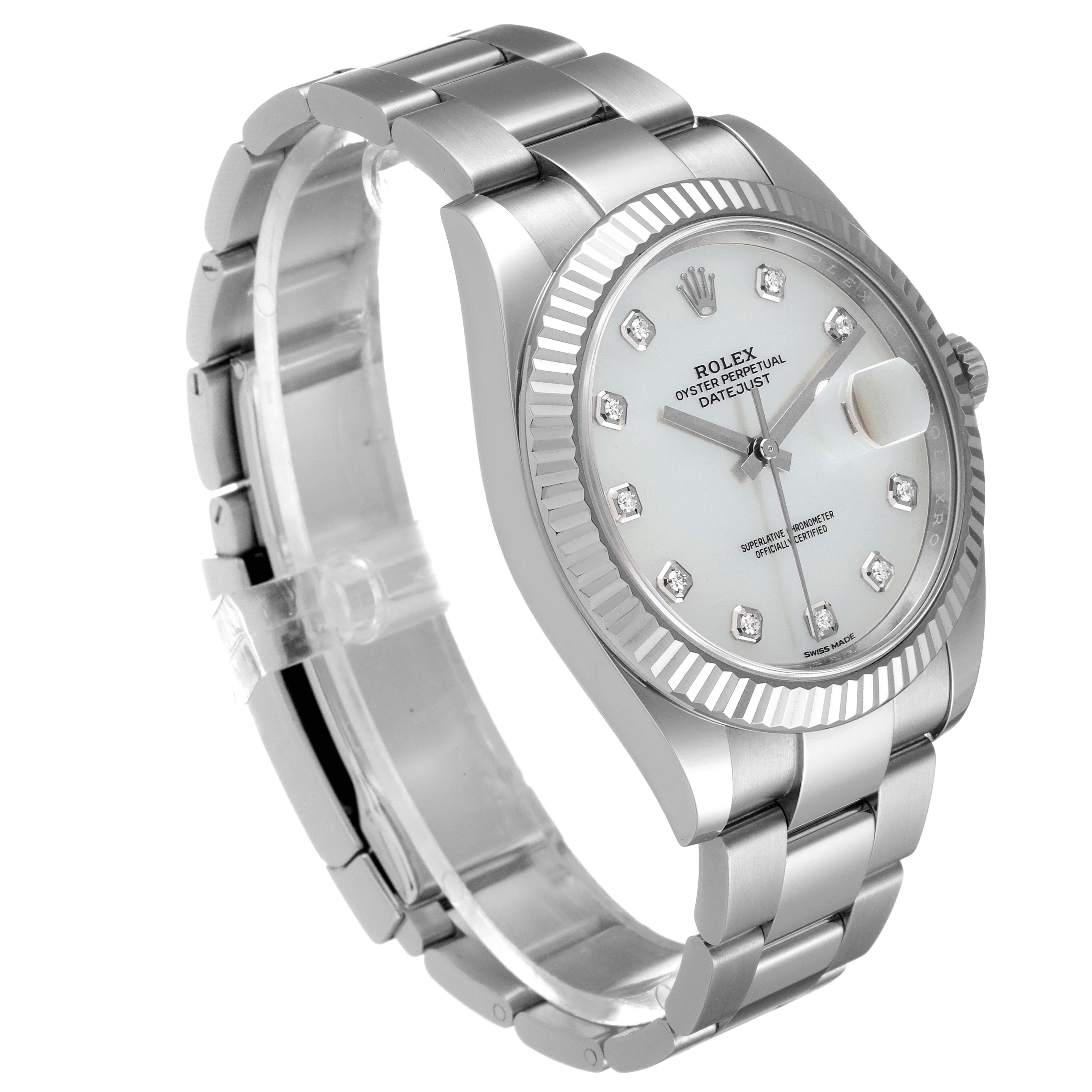 This image shows a Rolex Datejust 41 126334 Men's Stainless Steel Mother of Pearl Dial 126334 Men's Stainless Steel Mother of Pearl Dial watch viewed from a three-quarter angle, displaying its face, bracelet, and side.