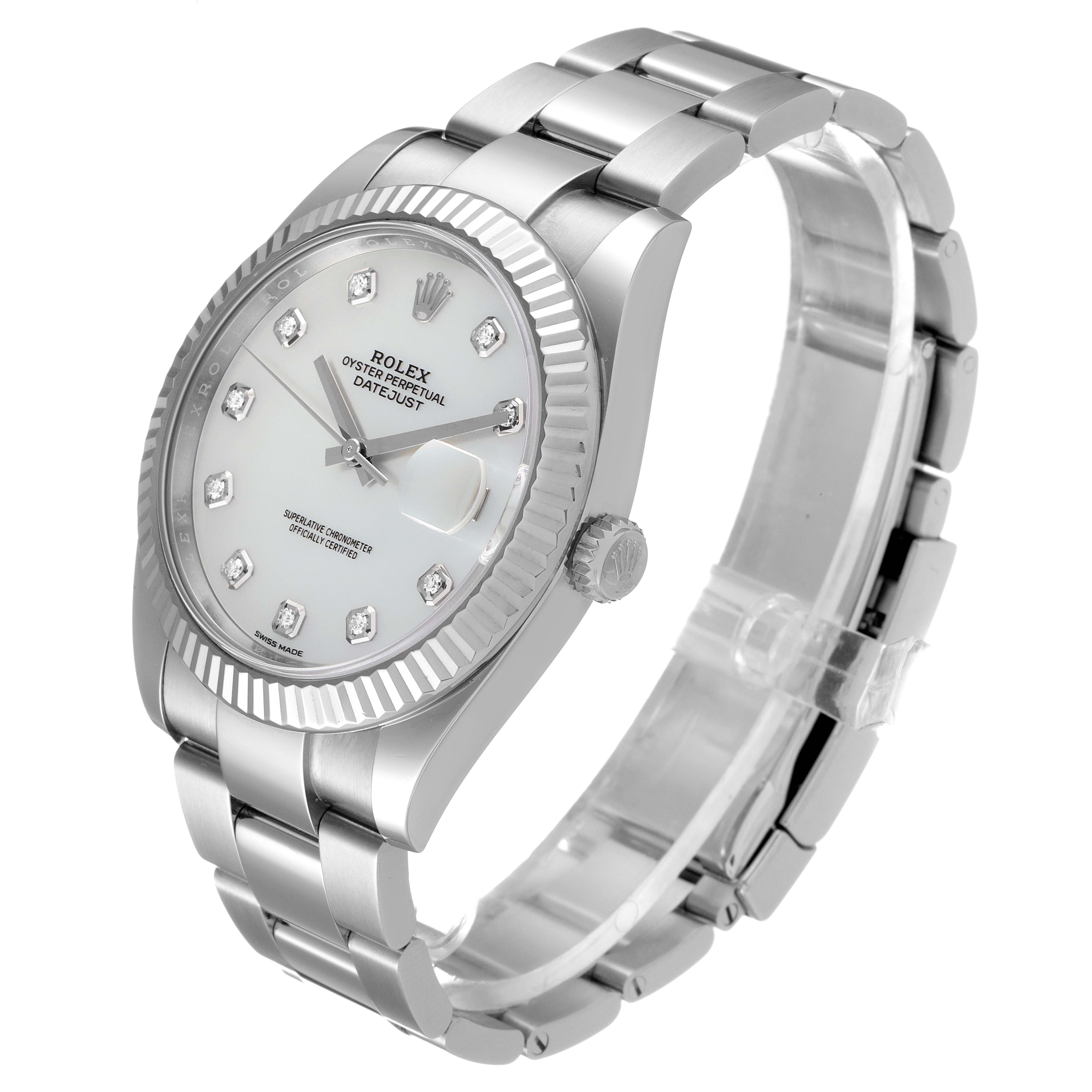The Rolex Datejust 41 126334 Men's Stainless Steel Mother of Pearl Dial 126334 Men's Stainless Steel Mother of Pearl Dial watch is shown at a slight angle, highlighting the face, bezel, crown, and bracelet.