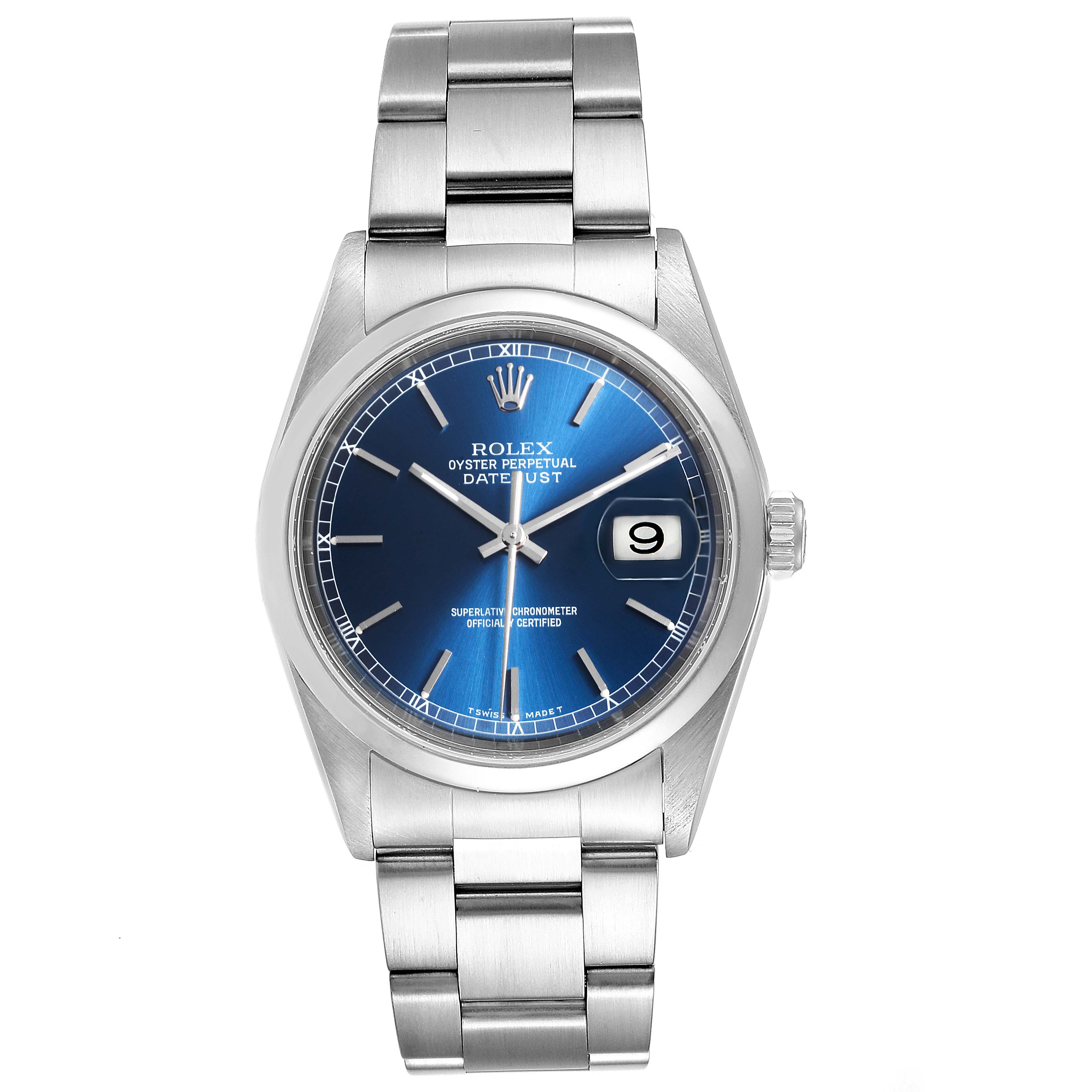 The Rolex Datejust 16200 Men
s Stainless Steel Blue Dial 16200 Men
s Stainless Steel Blue Dial watch is shown from a front view, displaying its blue dial, date window, and metal bracelet.
