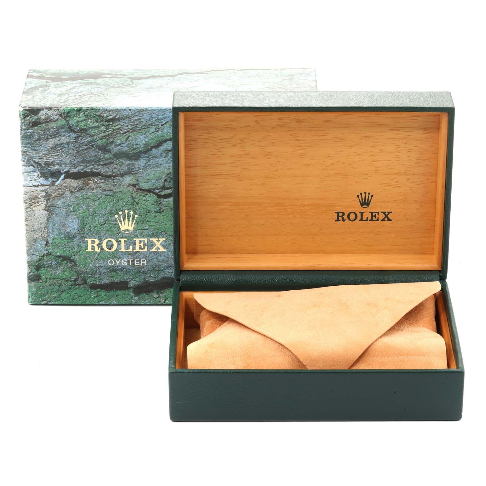 The image shows the opened packaging box of a Rolex Datejust 16200 Men
s Stainless Steel Blue Dial 16200 Men
s Stainless Steel Blue Dial watch, showcasing the inner wooden box and cushion.