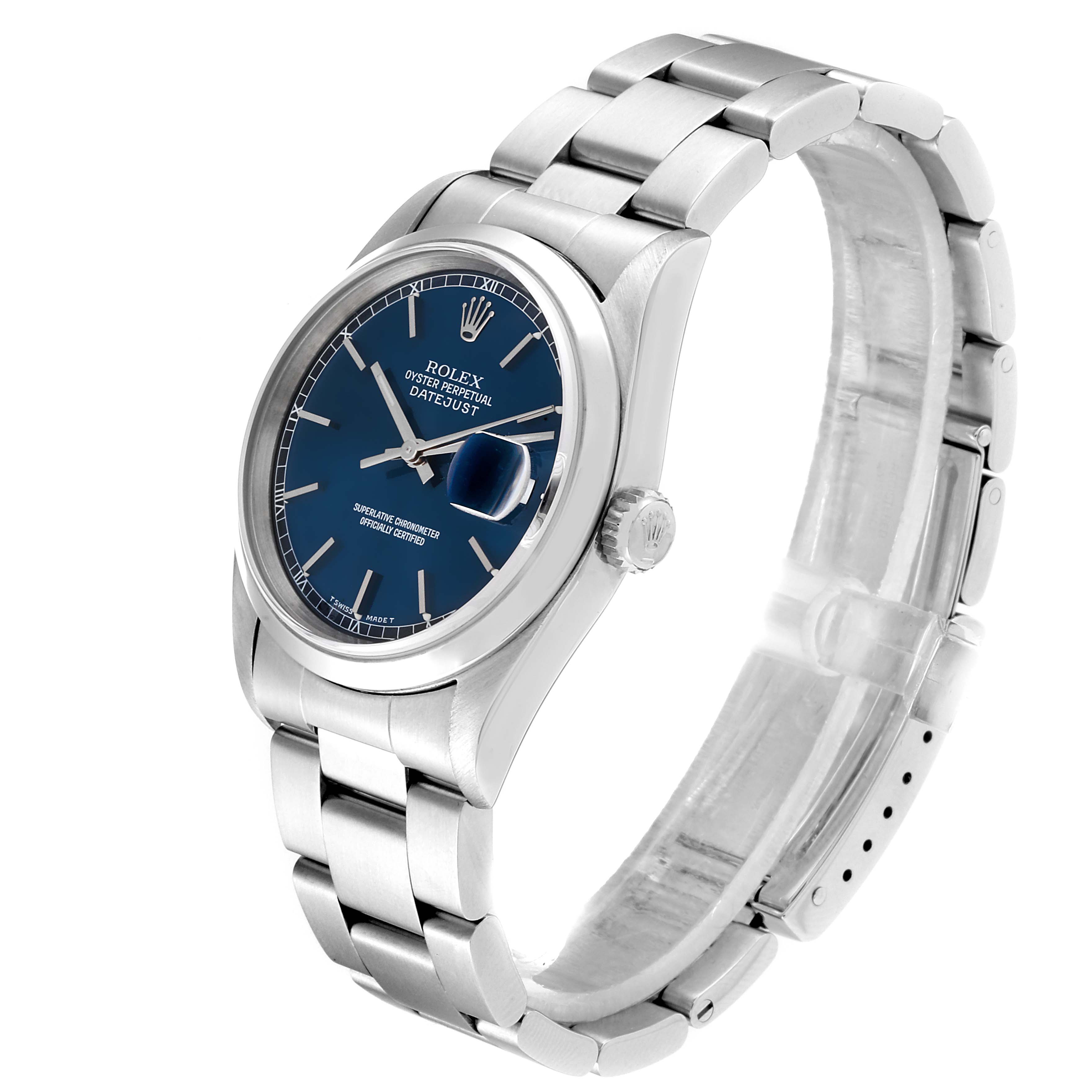 This image shows a Rolex Datejust 16200 Men
s Stainless Steel Blue Dial 16200 Men
s Stainless Steel Blue Dial model watch from a slight left angle, highlighting the dial, crown, bezel, and bracelet.