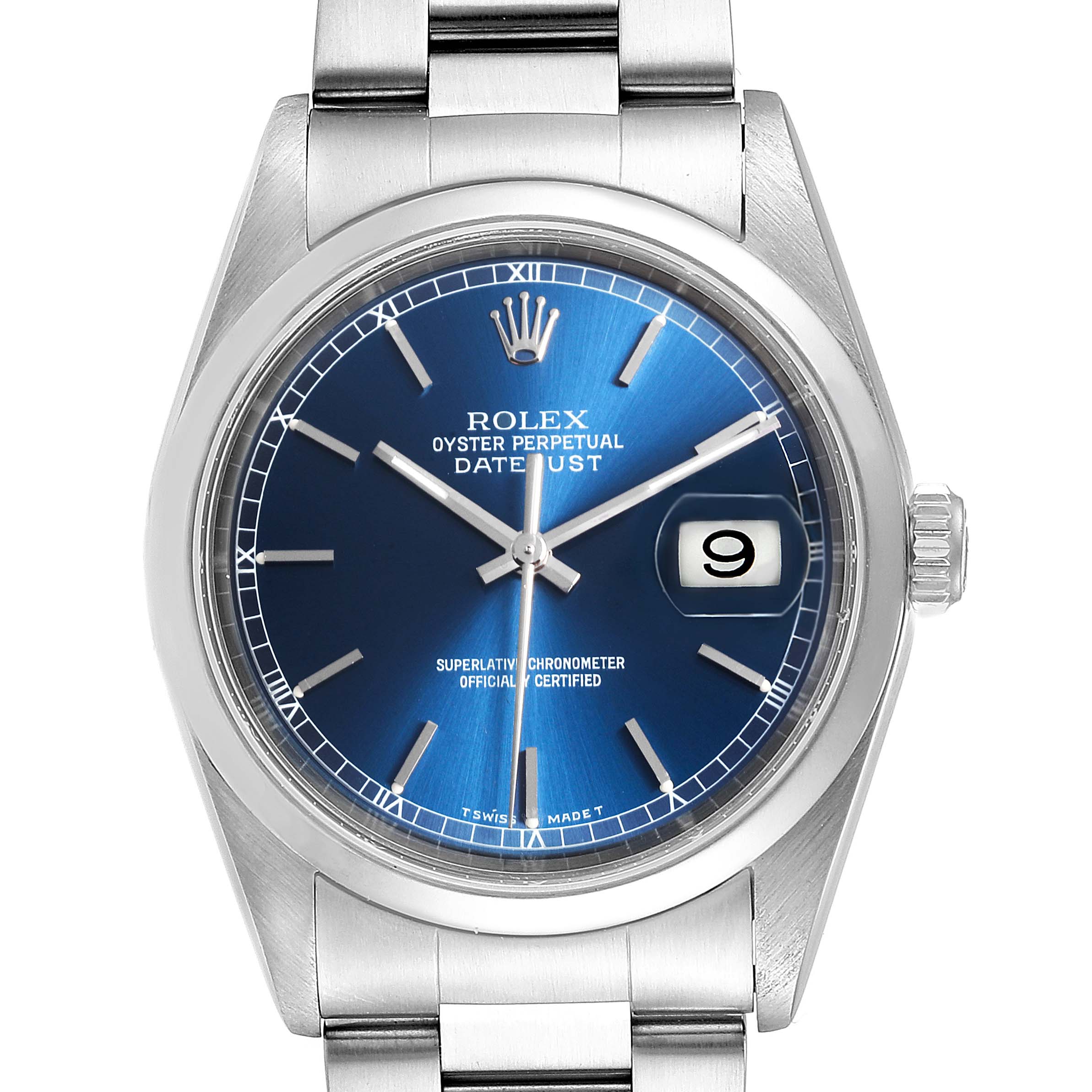 The Rolex Datejust 16200 Men
s Stainless Steel Blue Dial 16200 Men
s Stainless Steel Blue Dial watch is shown from the front, displaying its blue dial, stainless steel case, bracelet, and date window.