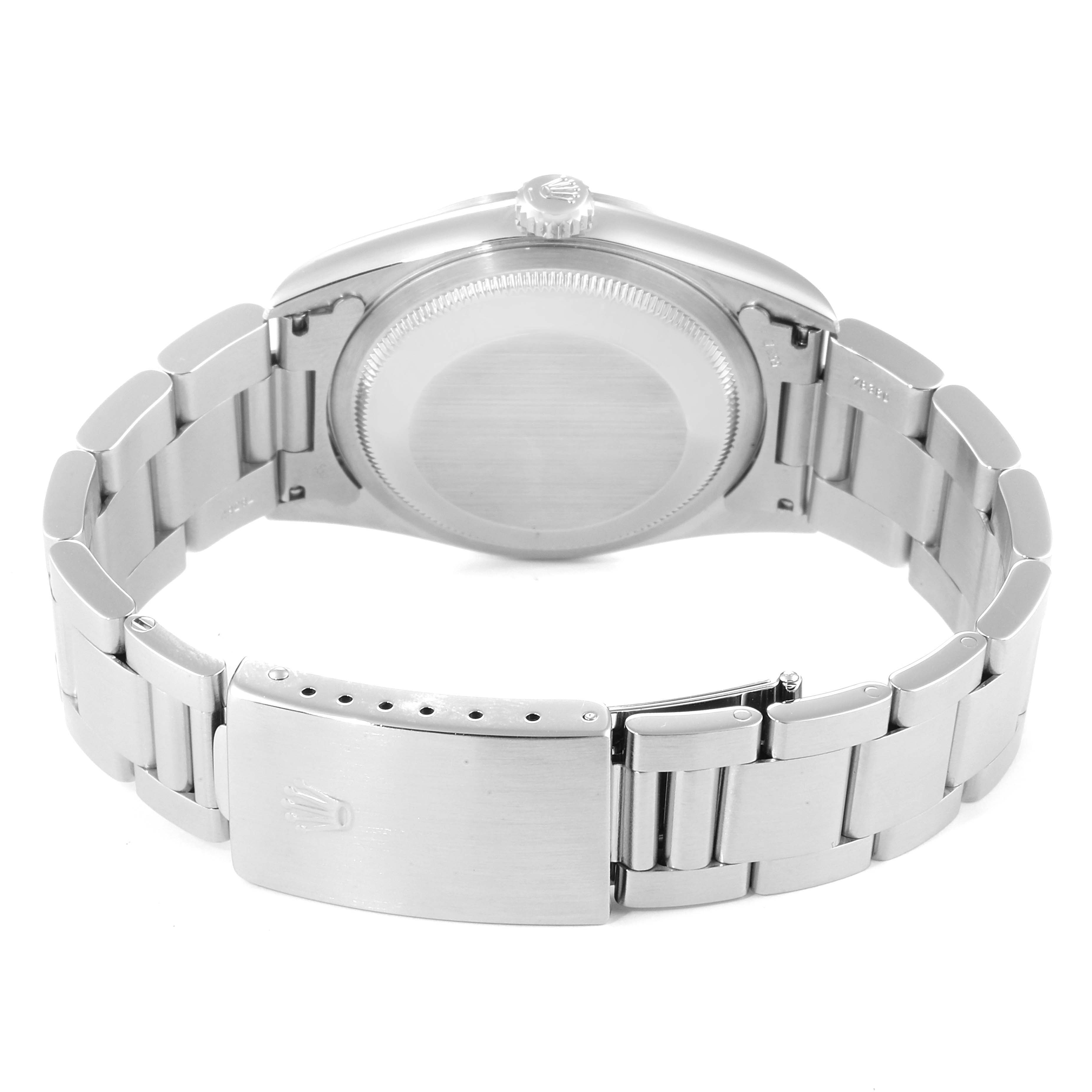 This is a rear view of the Rolex Datejust 16200 Men
s Stainless Steel Blue Dial 16200 Men
s Stainless Steel Blue Dial watch showing the case back, crown, and bracelet, including the clasp.