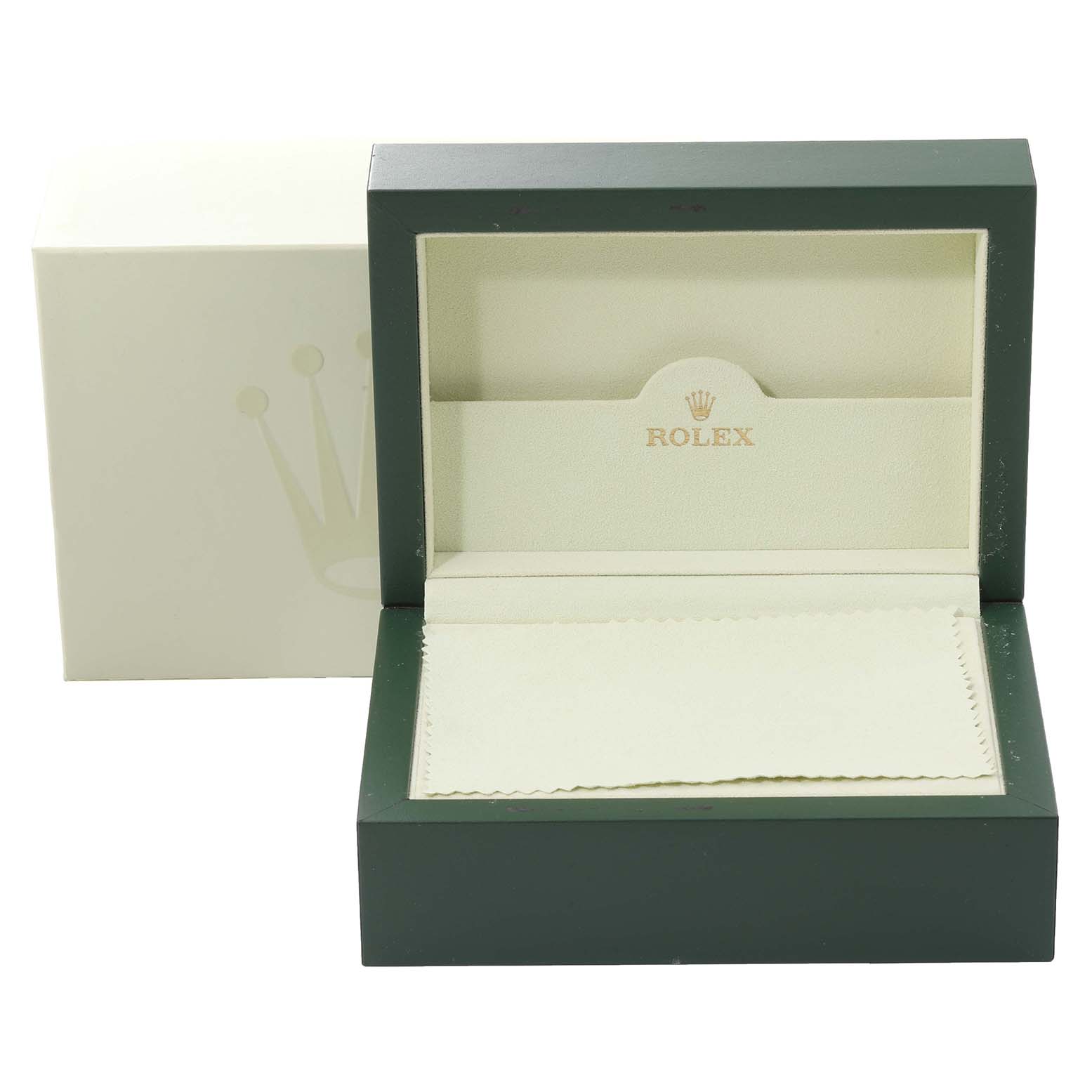 The image shows an open Rolex Datejust 116243 Men's Steel and Gold (two tone) Champagne Dial 116243 Men's Steel and Gold (two tone) Champagne Dial watch box, displaying the inner lining and a cloth, viewed from the front angle.