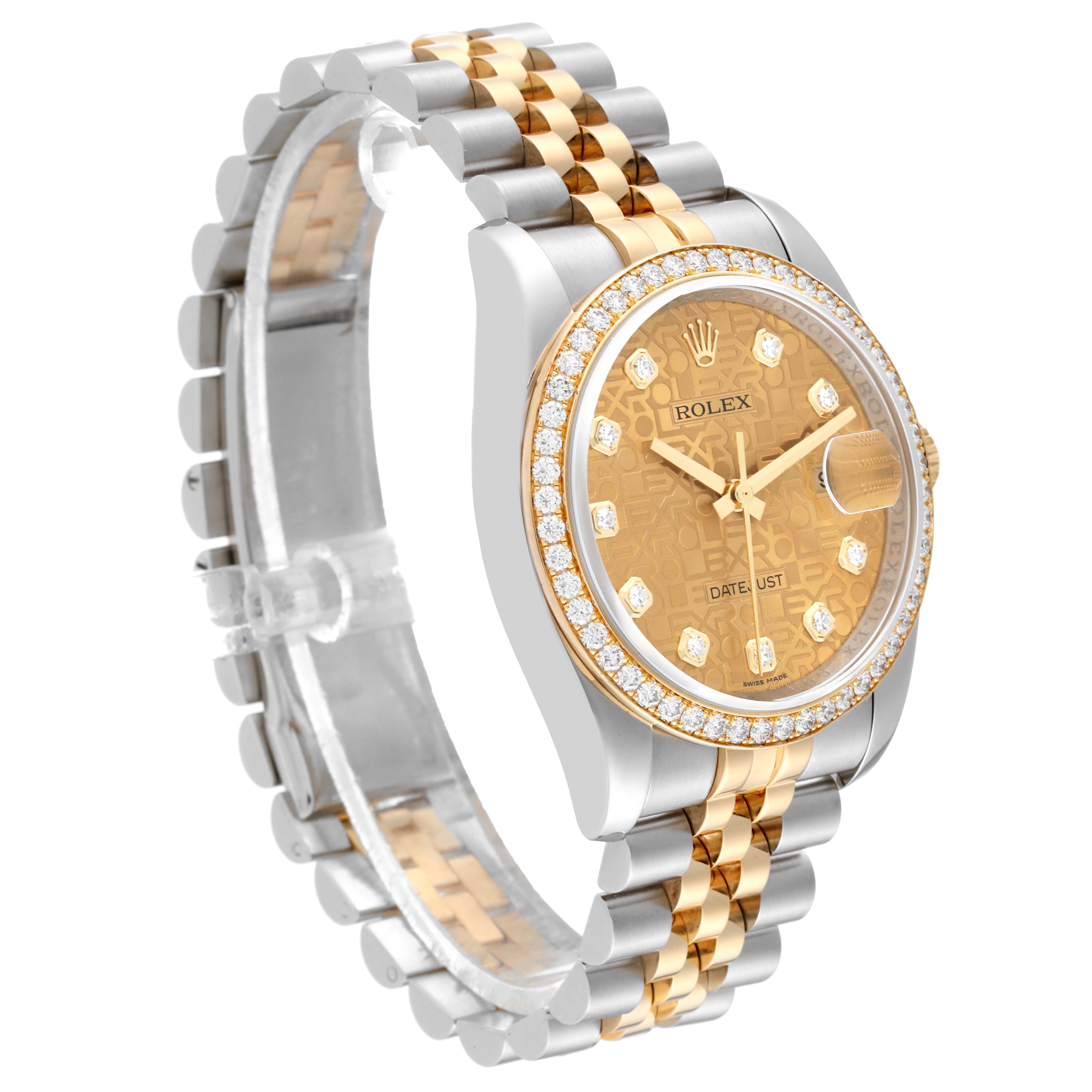 The image shows the Rolex Datejust 116243 Men's Steel and Gold (two tone) Champagne Dial 116243 Men's Steel and Gold (two tone) Champagne Dial watch from an angled side view, highlighting the dial, bezel, and bracelet.