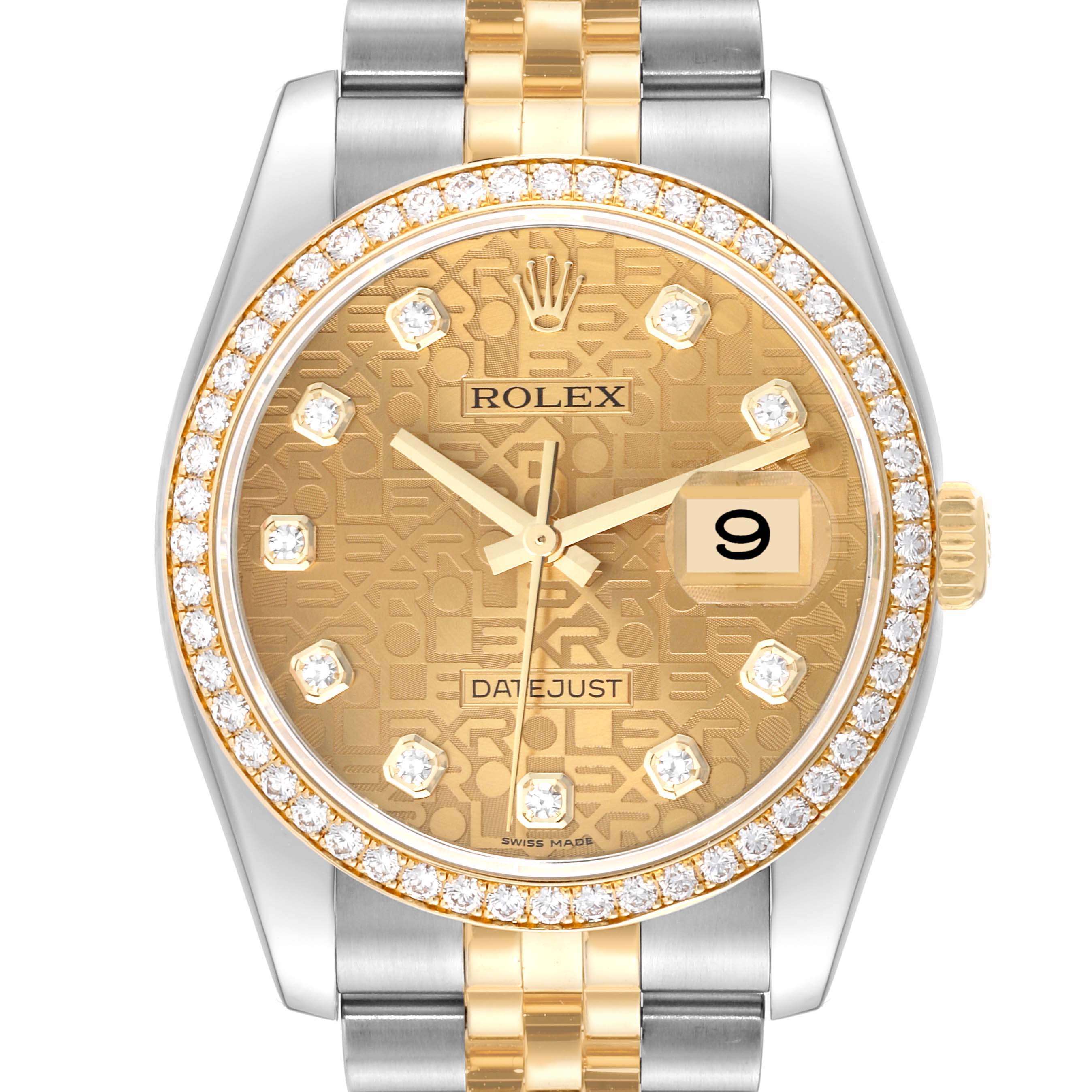 This image shows the face, bezel, and part of the bracelet of a Rolex Datejust 116243 Men's Steel and Gold (two tone) Champagne Dial 116243 Men's Steel and Gold (two tone) Champagne Dial watch in a straight-on angle.