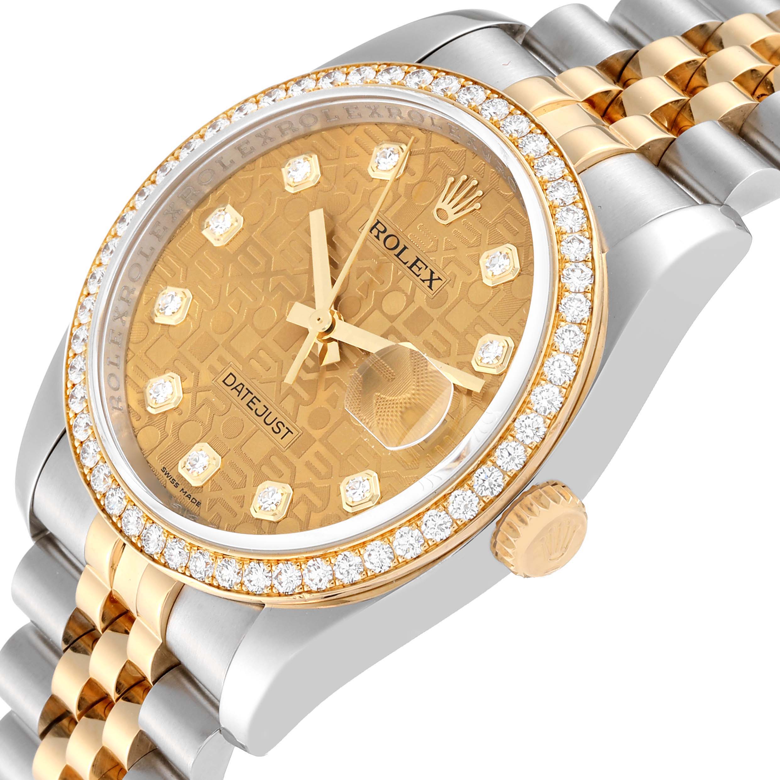 The image shows a close-up angle of the Rolex Datejust 116243 Men's Steel and Gold (two tone) Champagne Dial 116243 Men's Steel and Gold (two tone) Champagne Dial watch, highlighting the bezel, crown, and bracelet.