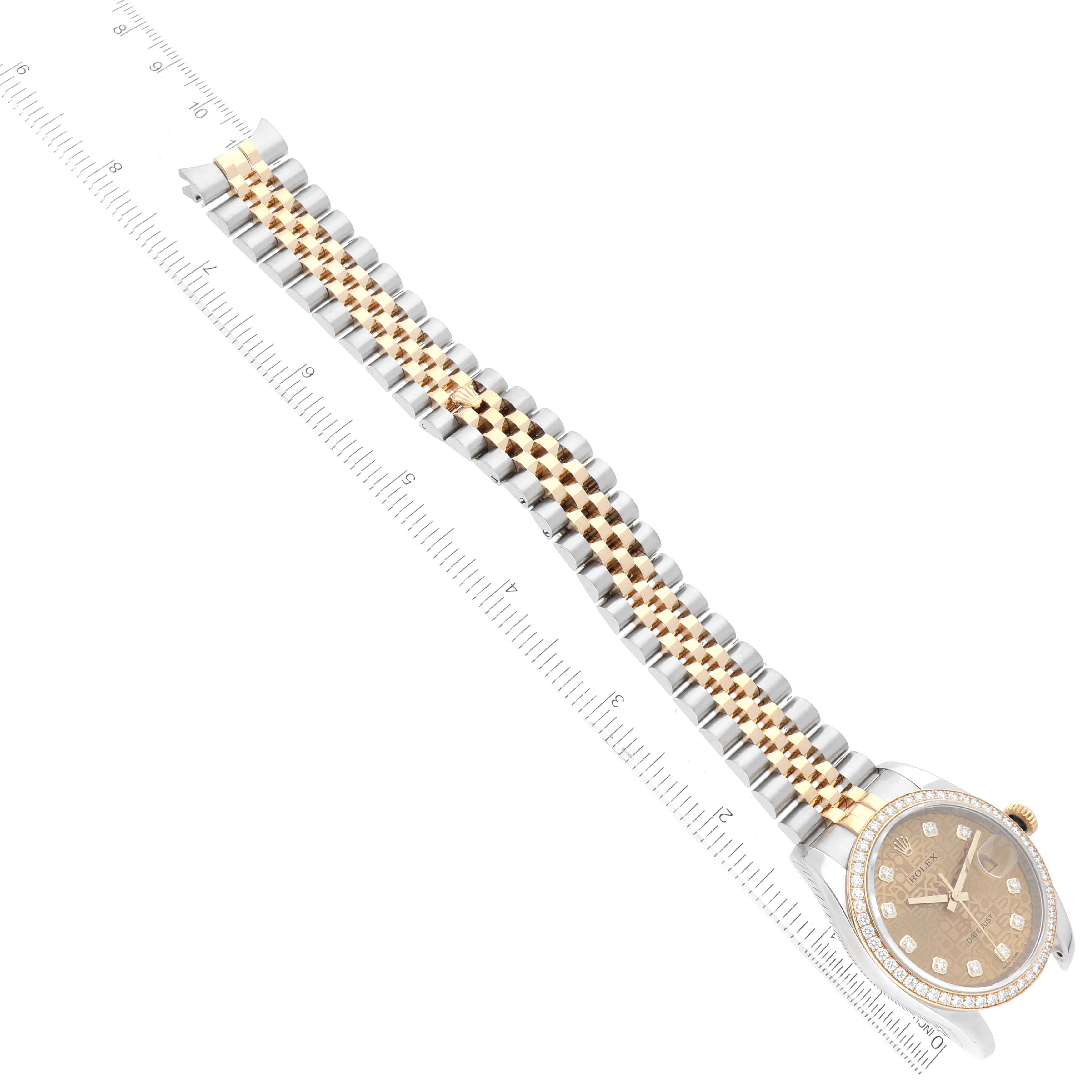 The Rolex Datejust 116243 Men's Steel and Gold (two tone) Champagne Dial 116243 Men's Steel and Gold (two tone) Champagne Dial watch is shown at an angle with an extended two-tone bracelet and visible diamond-set dial and bezel.