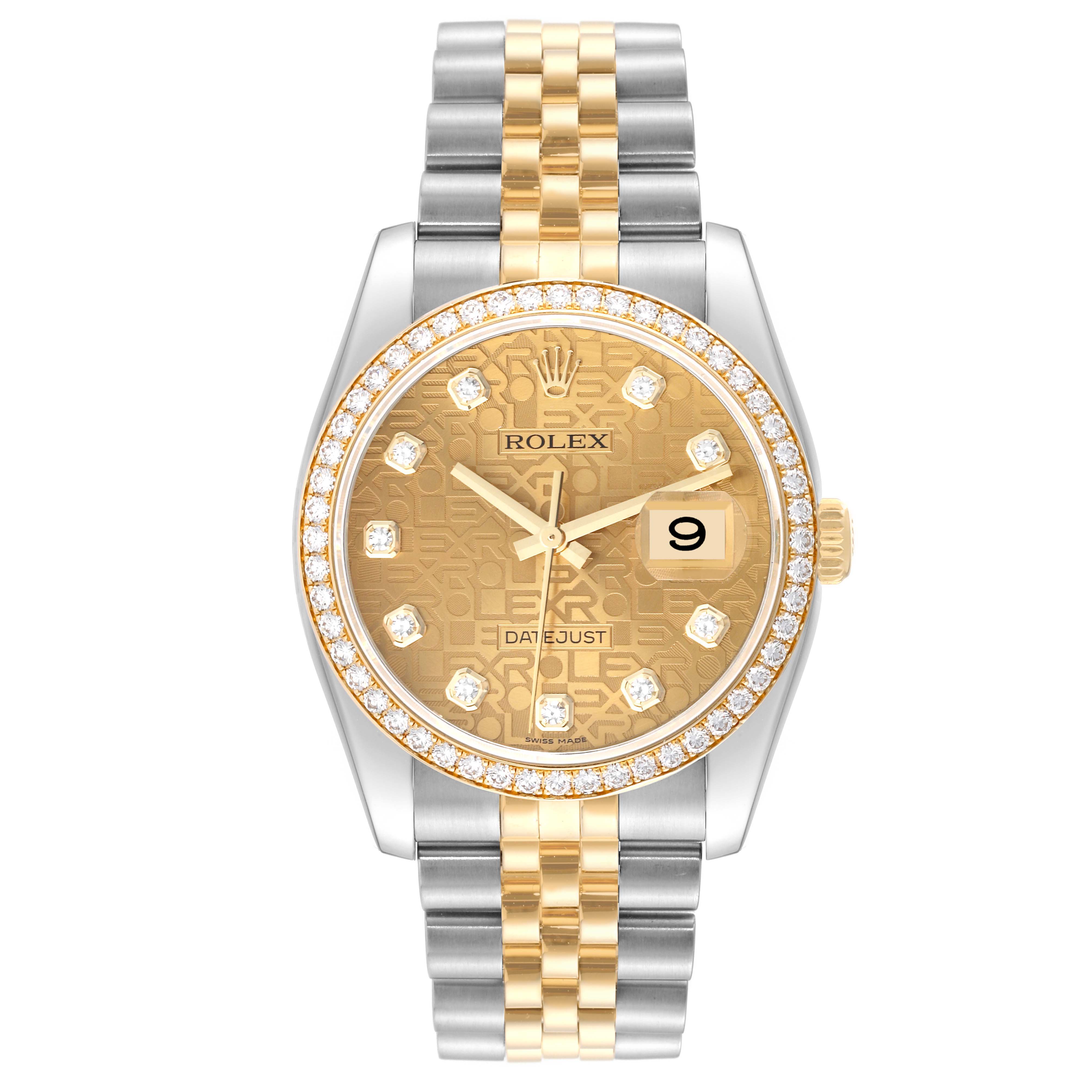 This image shows the front view of a Rolex Datejust 116243 Men's Steel and Gold (two tone) Champagne Dial 116243 Men's Steel and Gold (two tone) Champagne Dial watch, displaying its dial, bezel, hands, date window, and two-tone bracelet.