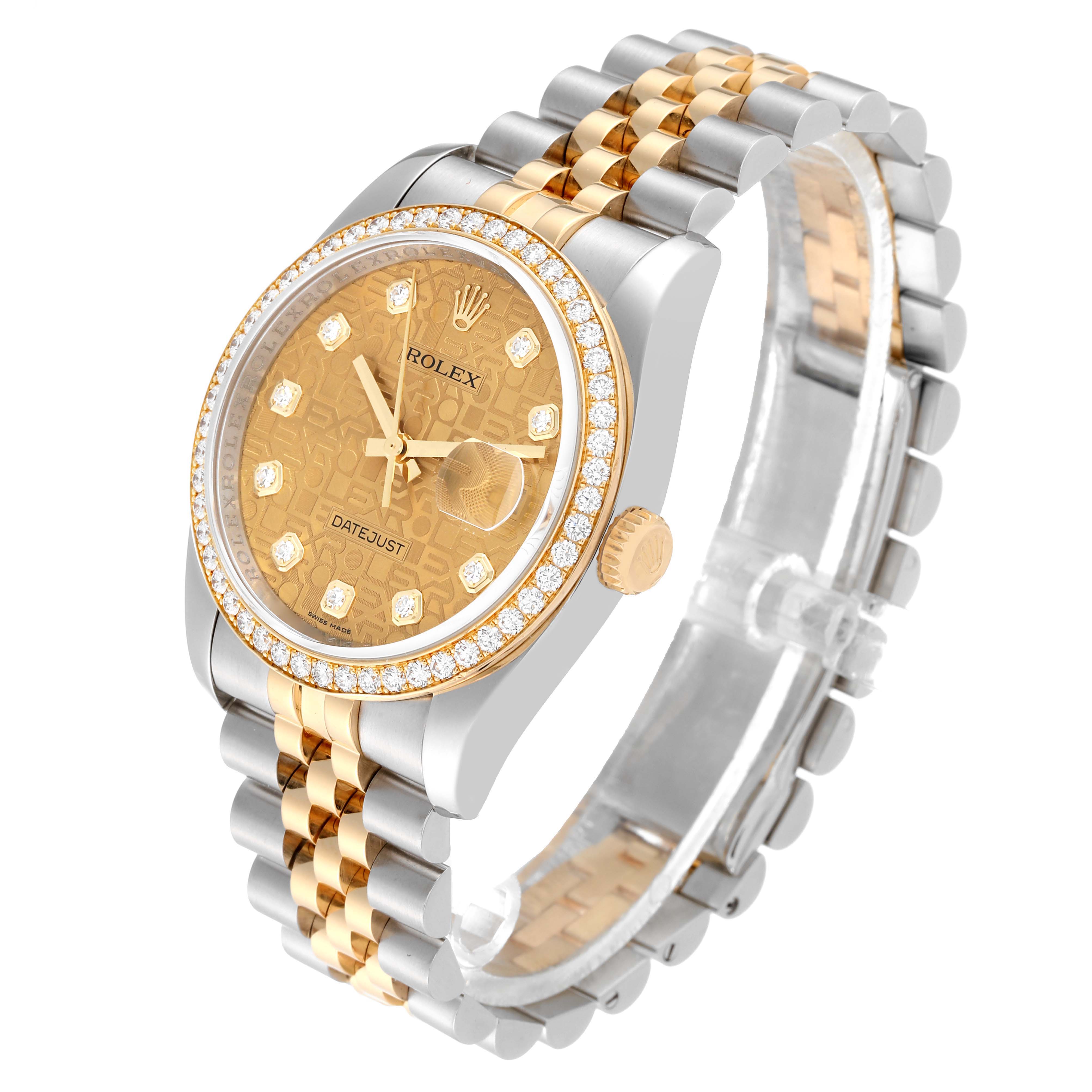 This image shows a Rolex Datejust 116243 Men's Steel and Gold (two tone) Champagne Dial 116243 Men's Steel and Gold (two tone) Champagne Dial watch at a slight angle, displaying the face, bezel, and two-tone jubilee bracelet.