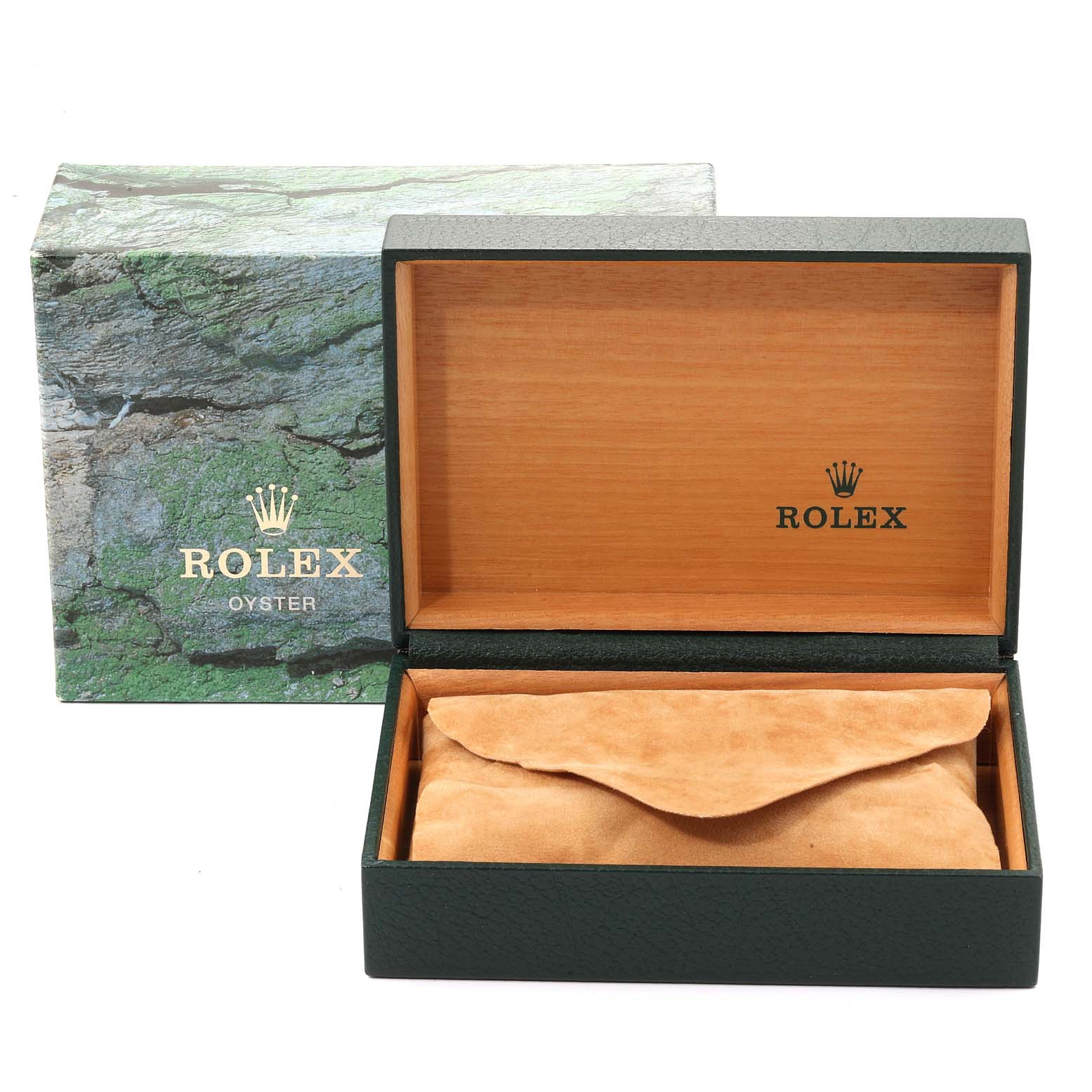 The image shows the open box and outer packaging for a Rolex Mid-Size 68273 Women
s Steel and Gold (two tone) White Dial 68273 Women
s Steel and Gold (two tone) White Dial model, with a suede pouch inside the box.