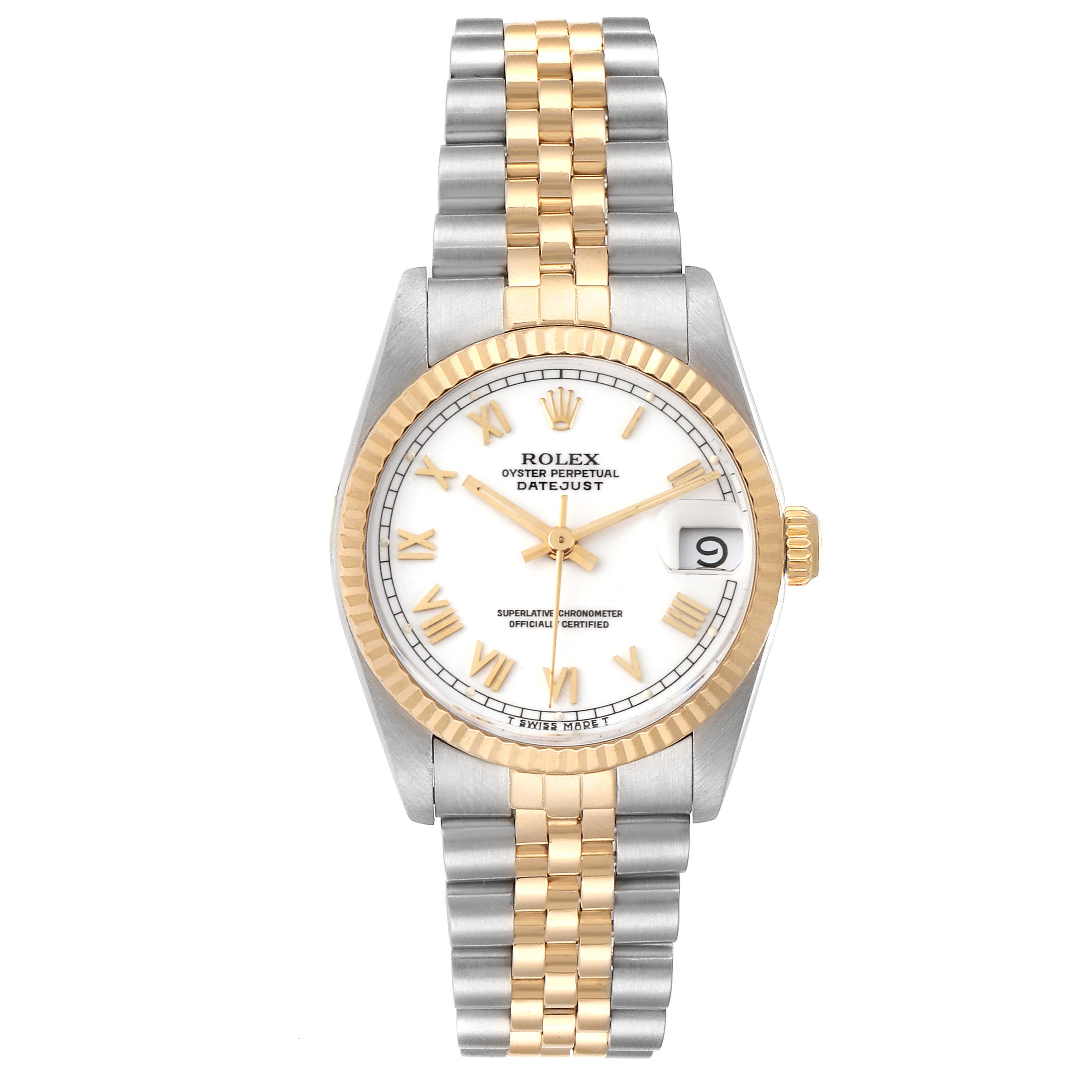 This Rolex Mid-Size 68273 Women
s Steel and Gold (two tone) White Dial 68273 Women
s Steel and Gold (two tone) White Dial Datejust watch is shown from the front, displaying the dial, bezel, crown, and part of the bracelet.