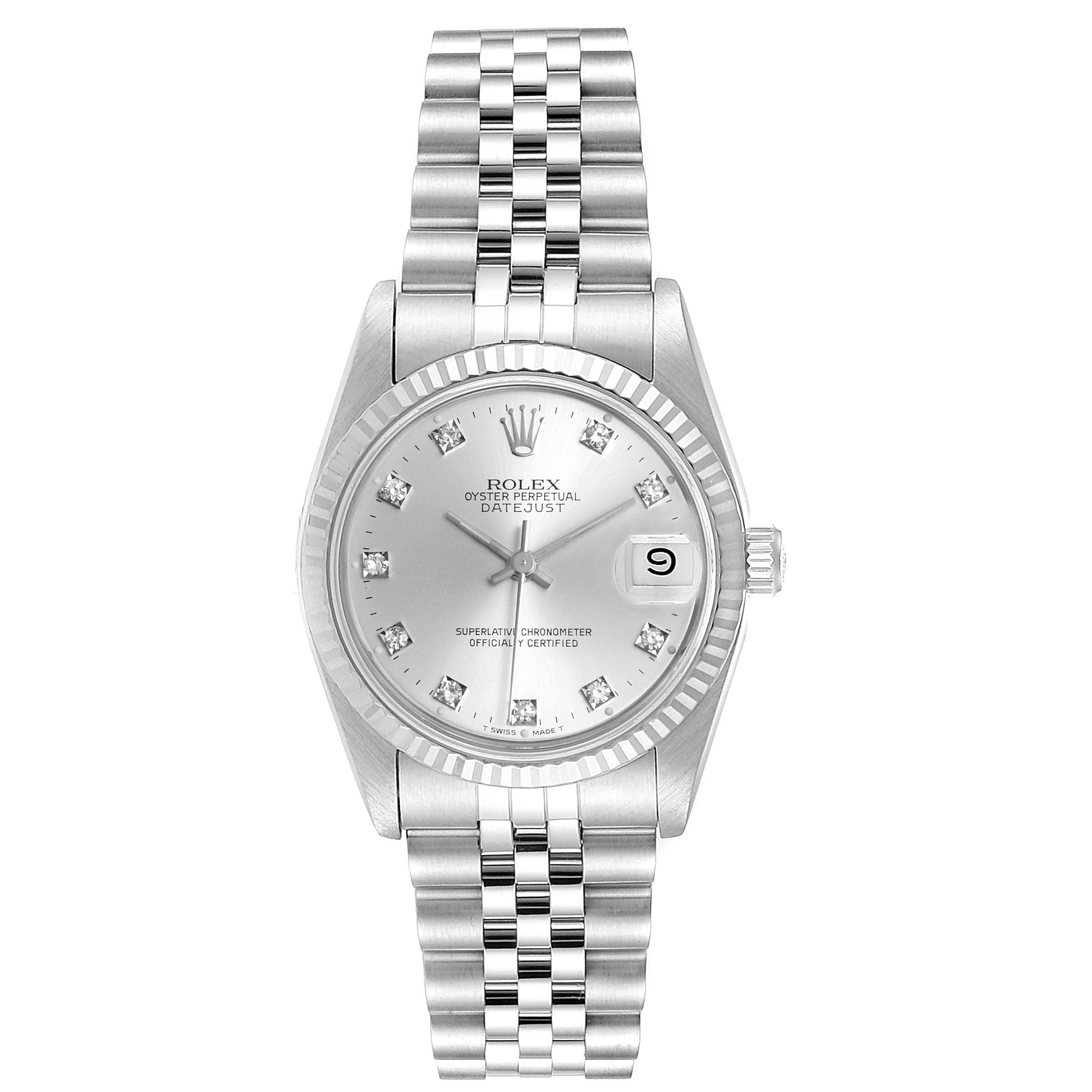 A front view of the Rolex Oyster Perpetual Datejust Mid-Size watch is shown, highlighting its silver dial, fluted bezel, and Jubilee bracelet.