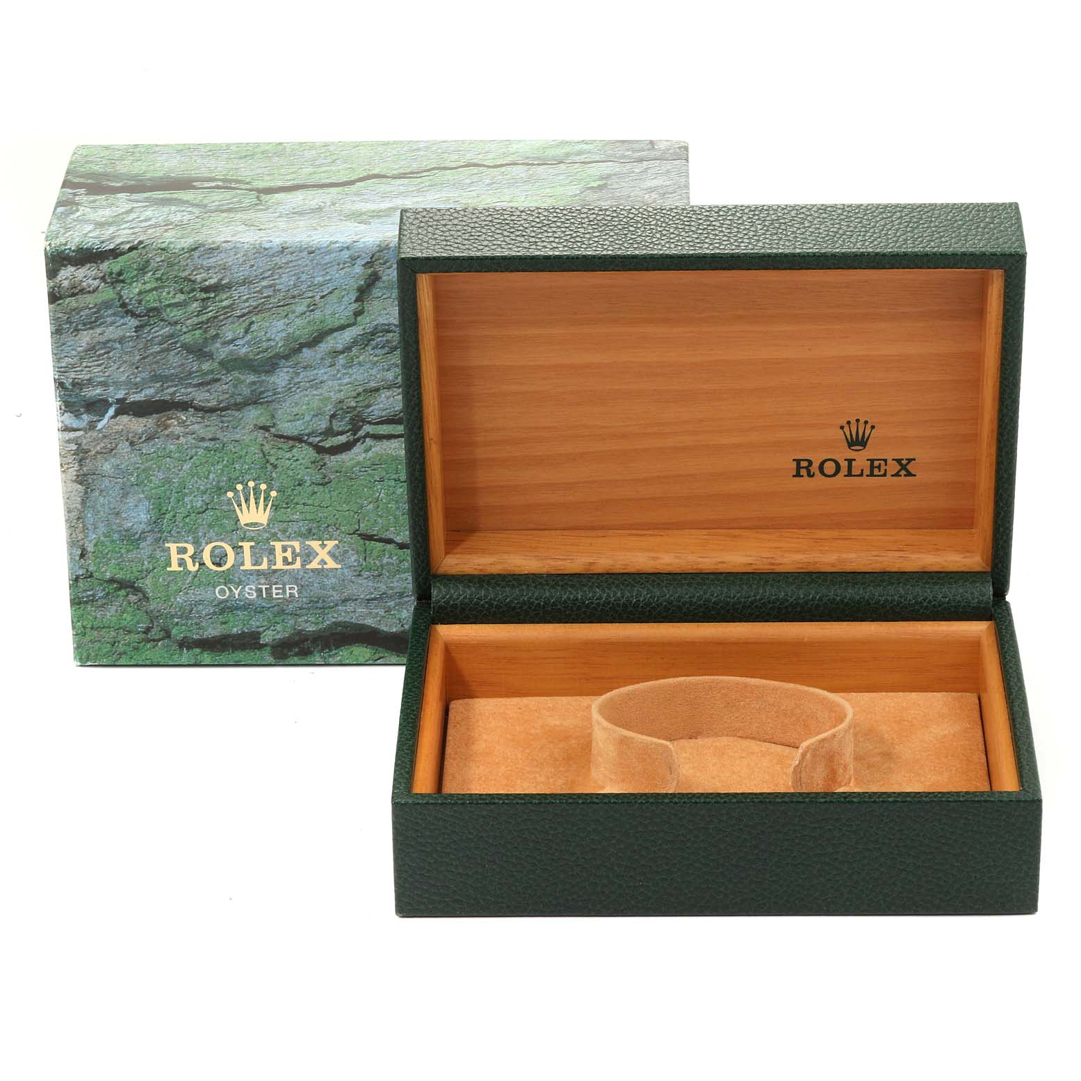 The image shows an empty Rolex Mid-Size 68274 Women
s Stainless Steel Silver Dial 68274 Women
s Stainless Steel Silver Dial watch box with a green exterior and wooden interior, alongside its packaging.