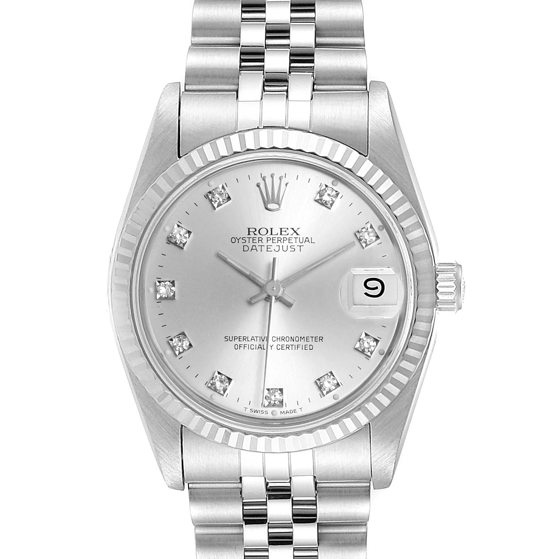 The image shows a front view of a Rolex Datejust Mid-Size watch featuring a Jubilee bracelet and a fluted bezel.