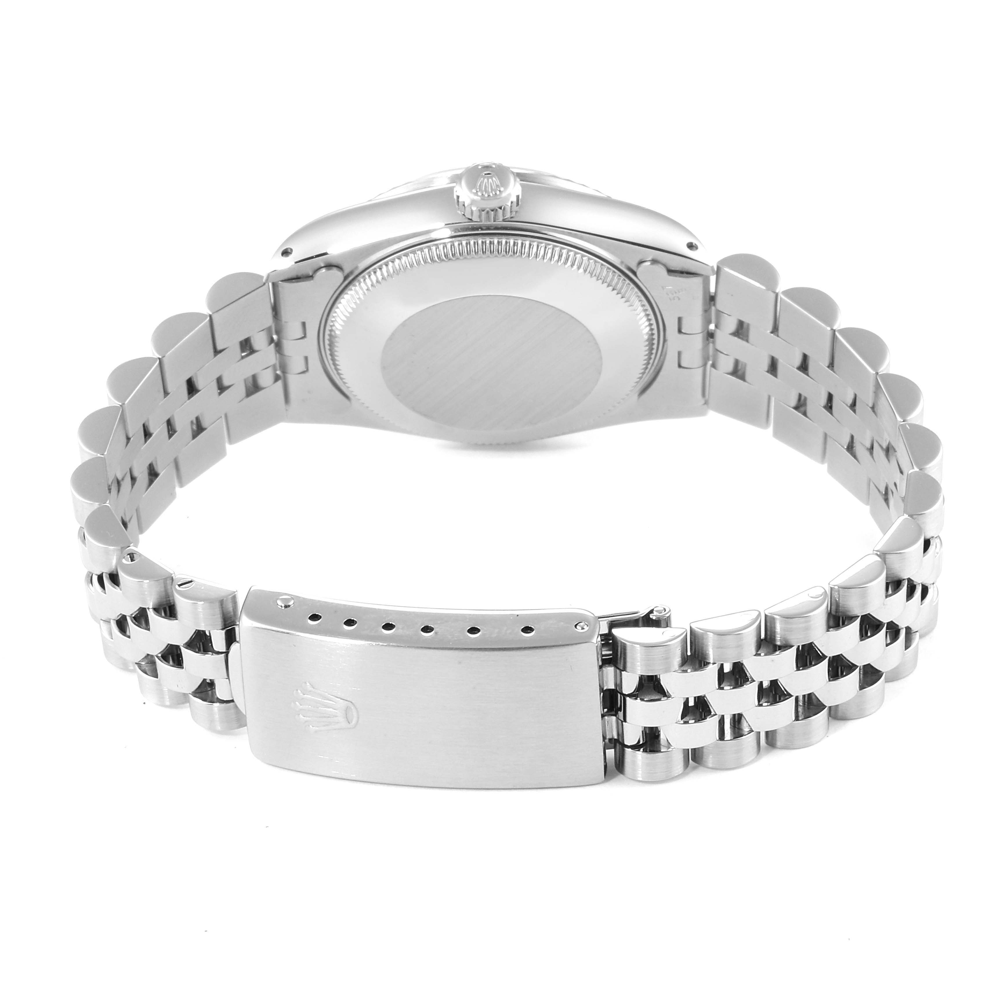 This image shows the back of a Rolex Mid-Size 68274 Women
s Stainless Steel Silver Dial 68274 Women
s Stainless Steel Silver Dial watch, highlighting the clasp, bracelet, and case back.