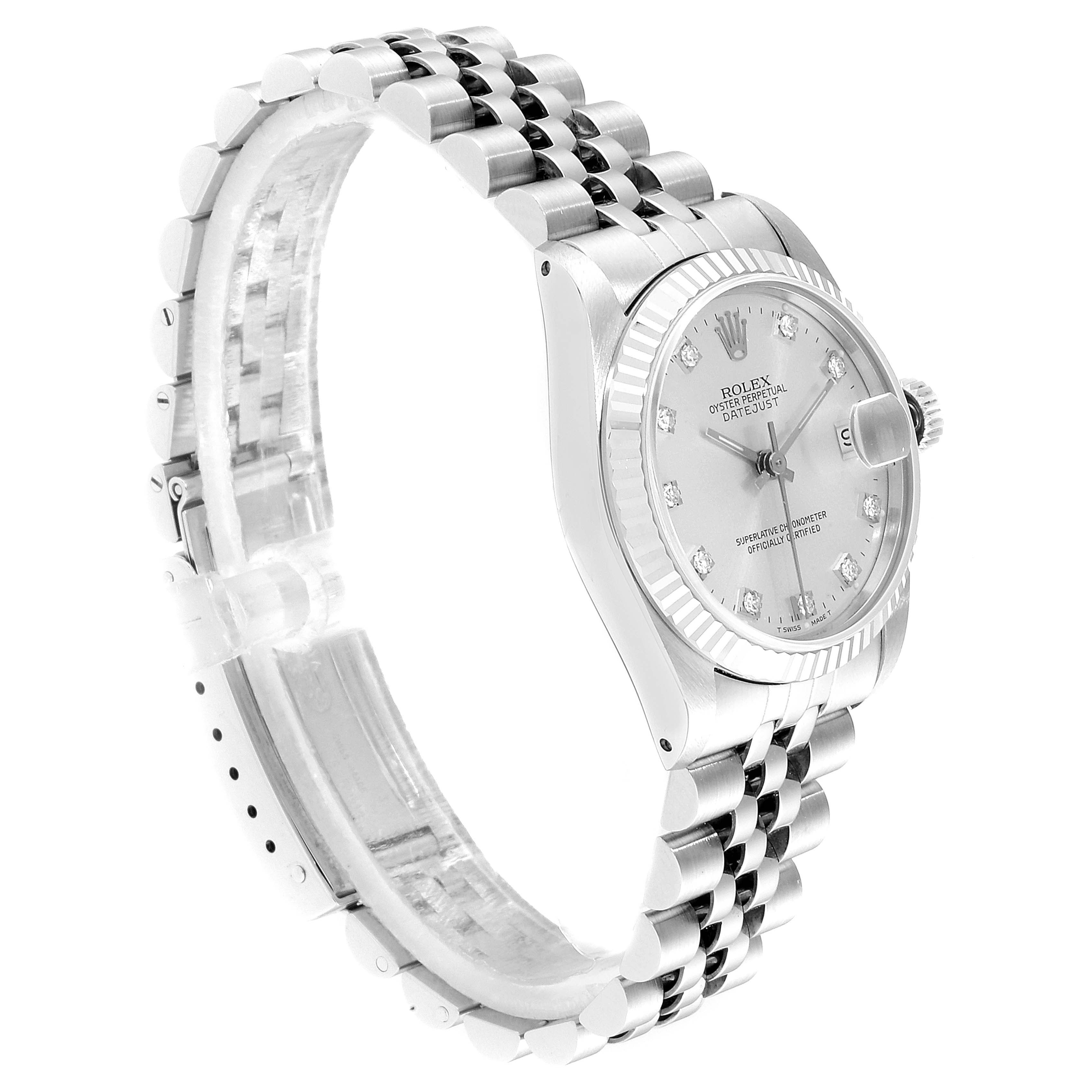The watch is a Rolex Mid-Size 68274 Women
s Stainless Steel Silver Dial 68274 Women
s Stainless Steel Silver Dial model shown at a side angle, displaying the bracelet, bezel, and face.