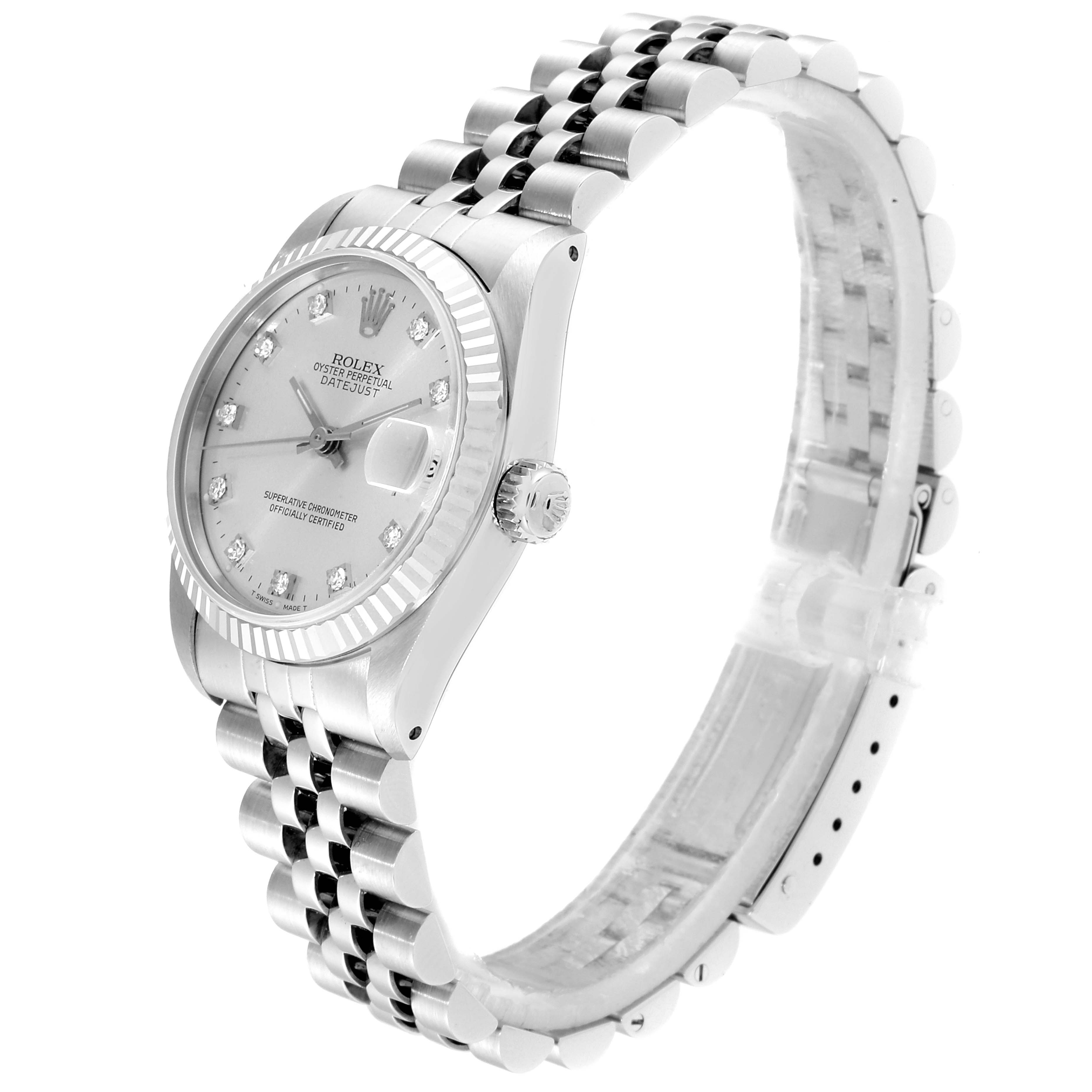 This image shows a side angle view of a Mid-Size Rolex watch featuring the face, bezel, and metal bracelet.