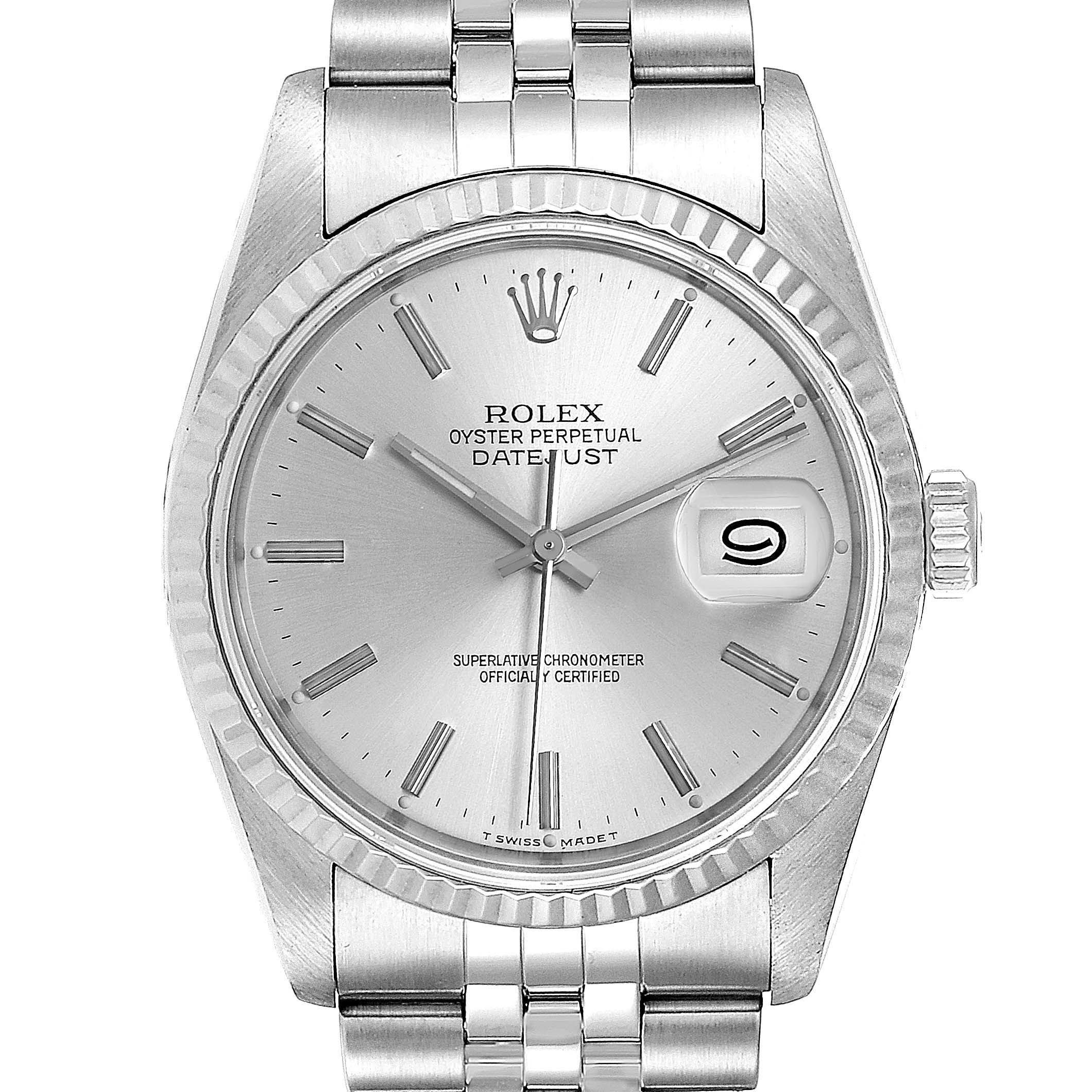 This image shows a front view of the Rolex Datejust 16234 Men's Stainless Steel Silver Dial 16234 Men's Stainless Steel Silver Dial watch, displaying its face, bezel, and part of the bracelet.