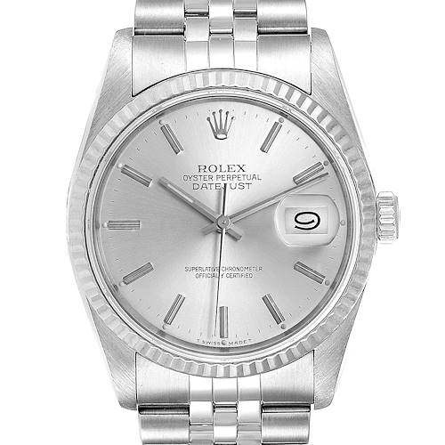 This is a frontal view of the Rolex Datejust watch displaying the dial, bezel, crown, and part of the bracelet.