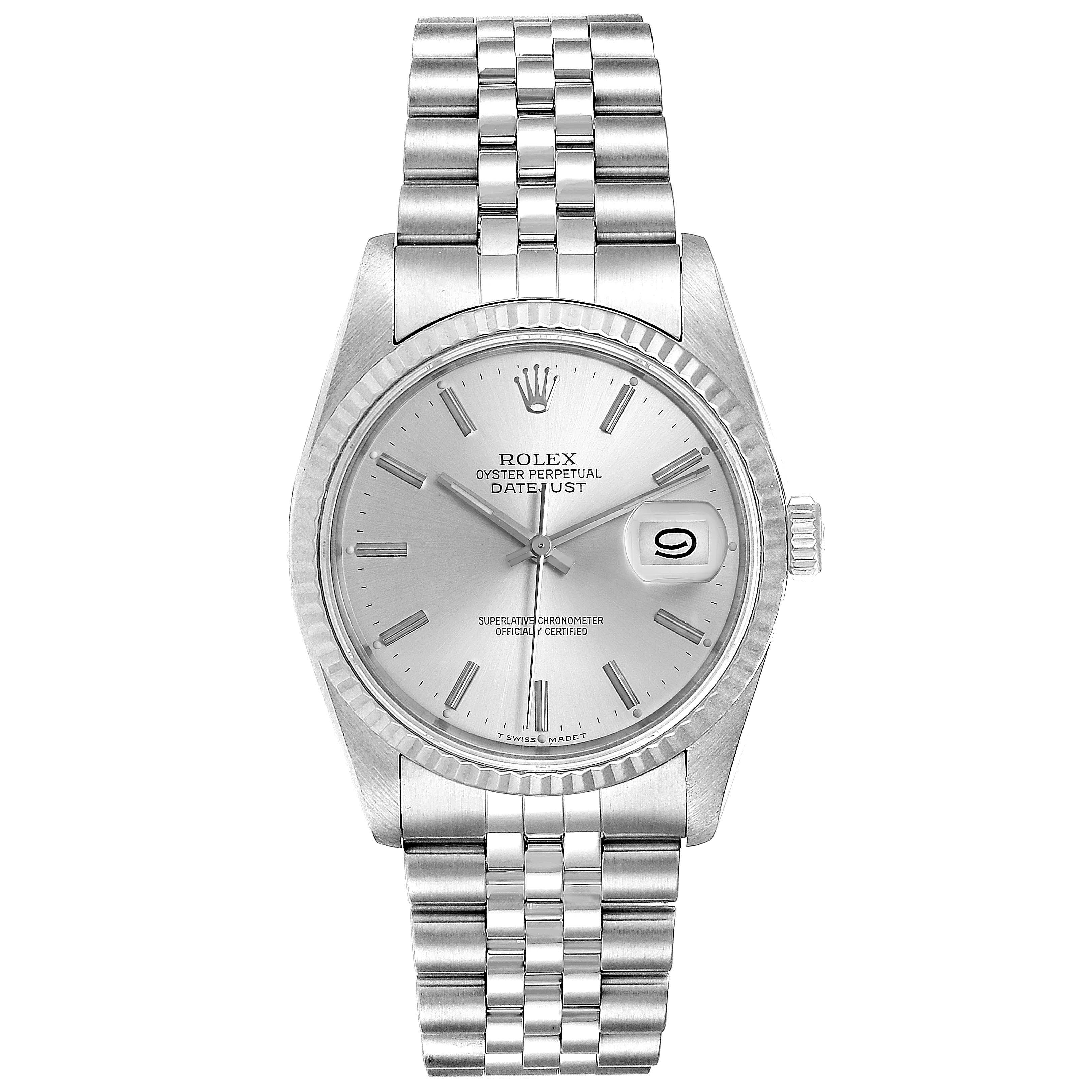 The image shows a Rolex Datejust 16234 Men's Stainless Steel Silver Dial 16234 Men's Stainless Steel Silver Dial watch from a front angle, displaying the dial, bezel, and bracelet.