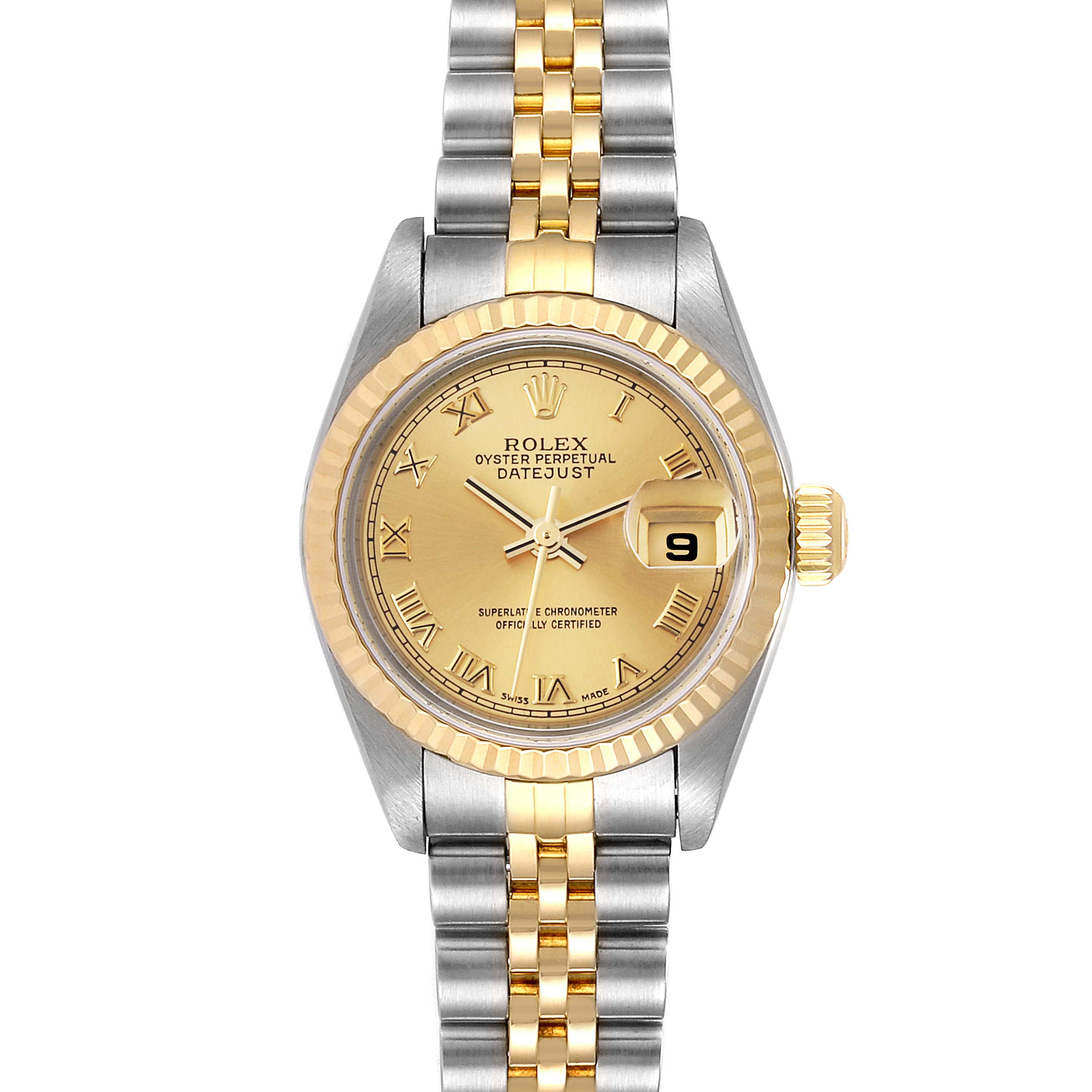 The image shows a Rolex Datejust 79173 Women
s Steel and Gold (two tone) Champagne Dial 79173 Women
s Steel and Gold (two tone) Champagne Dial watch from a straight-on angle, highlighting the face, bezel, and two-tone bracelet.