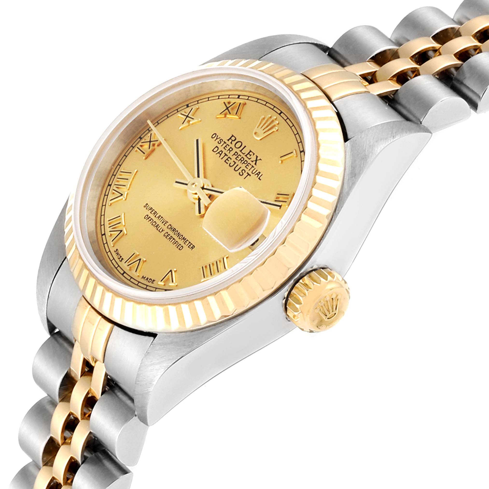 The image shows a Rolex Datejust 79173 Women
s Steel and Gold (two tone) Champagne Dial 79173 Women
s Steel and Gold (two tone) Champagne Dial watch with a gold dial, fluted bezel, and two-tone bracelet at a side angle.